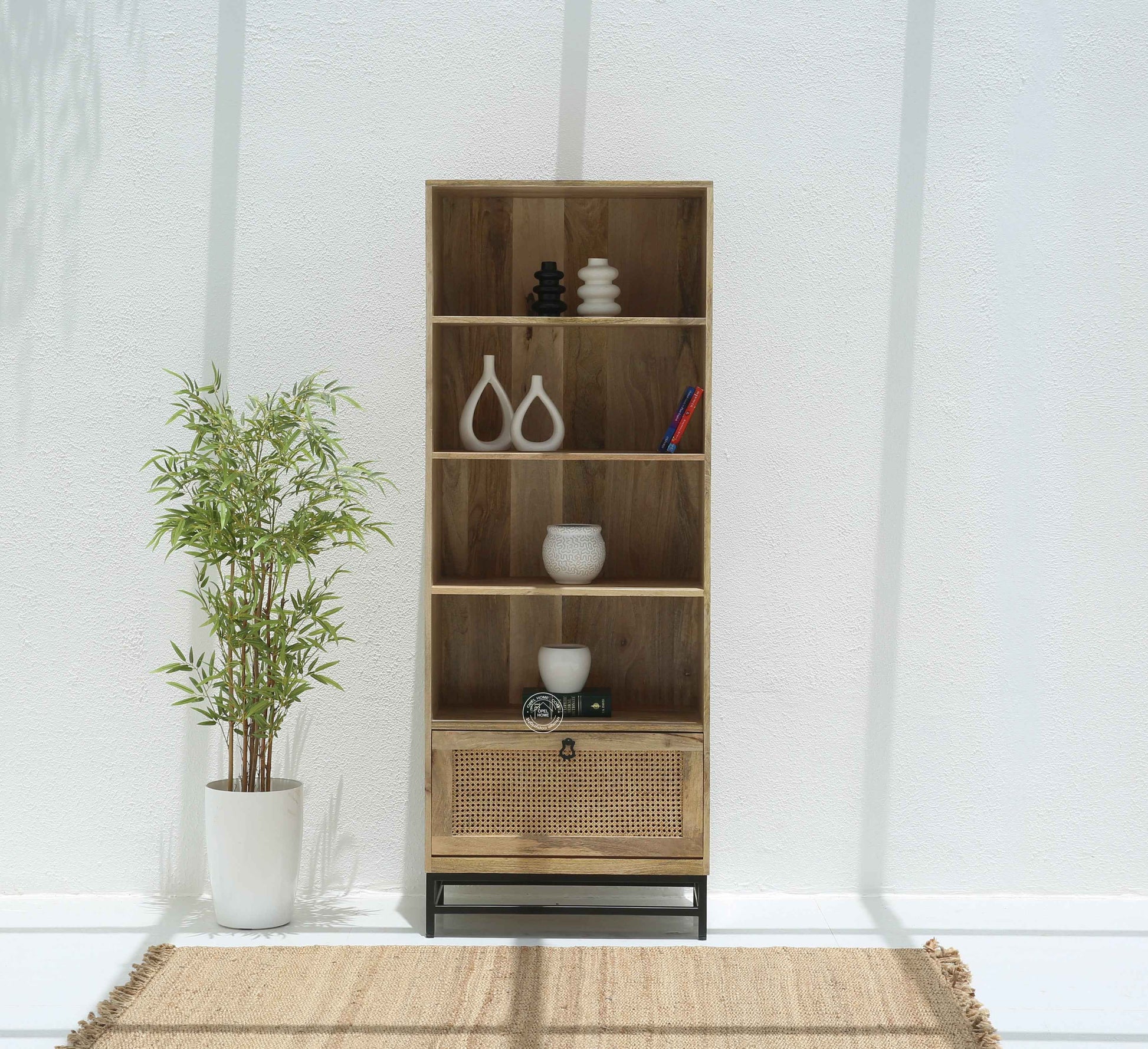 Richmond Rattan Bookcase – Solid Mango Wood, Black Base, Natural Finish | Opelhome UAE