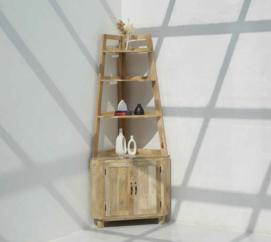 Rison Corner Wooden Display Shelf – Solid Mango Wood | Opelhome UAE
