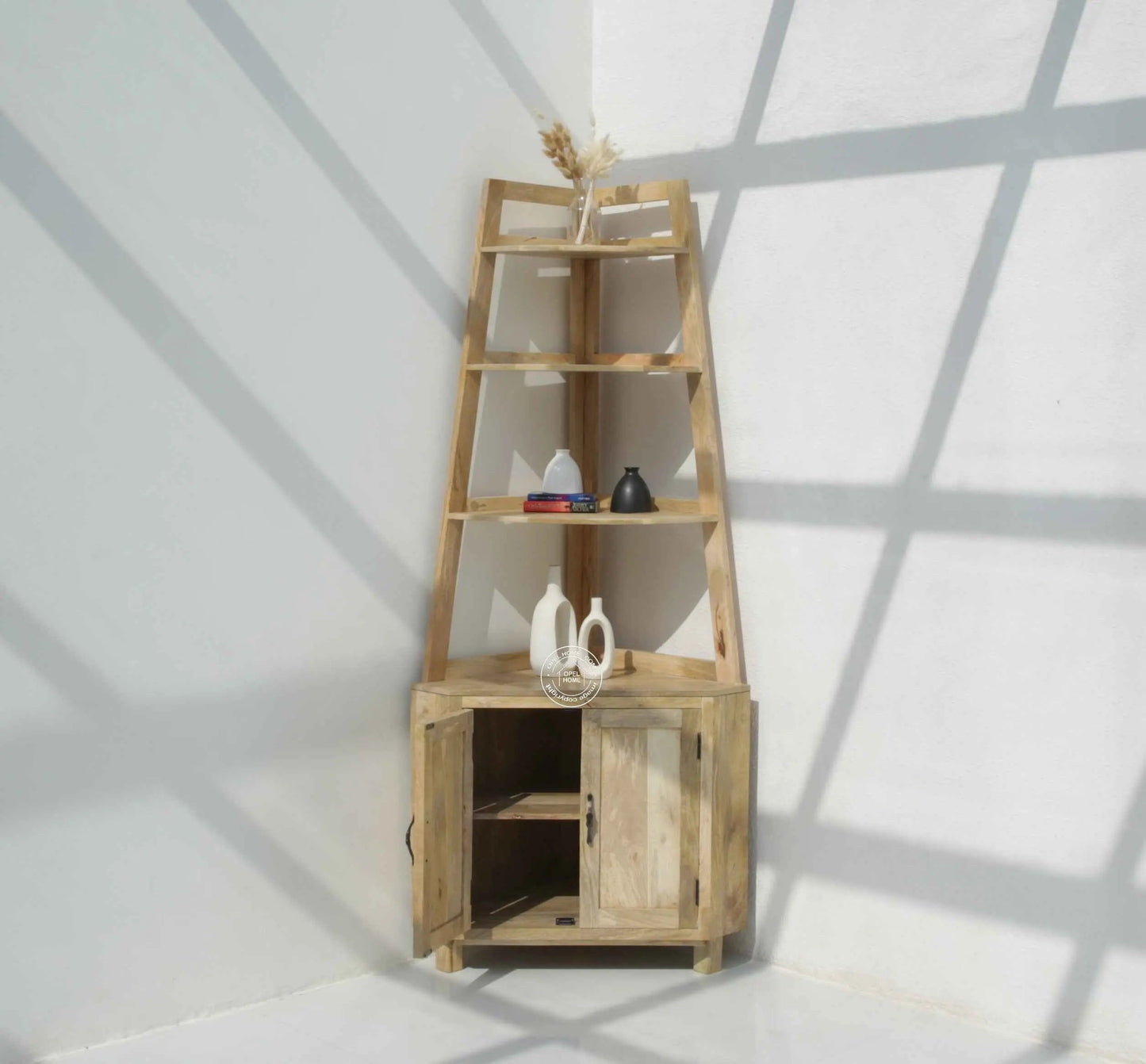 Rison Corner Wooden Display Shelf – Solid Mango Wood | Opelhome UAE