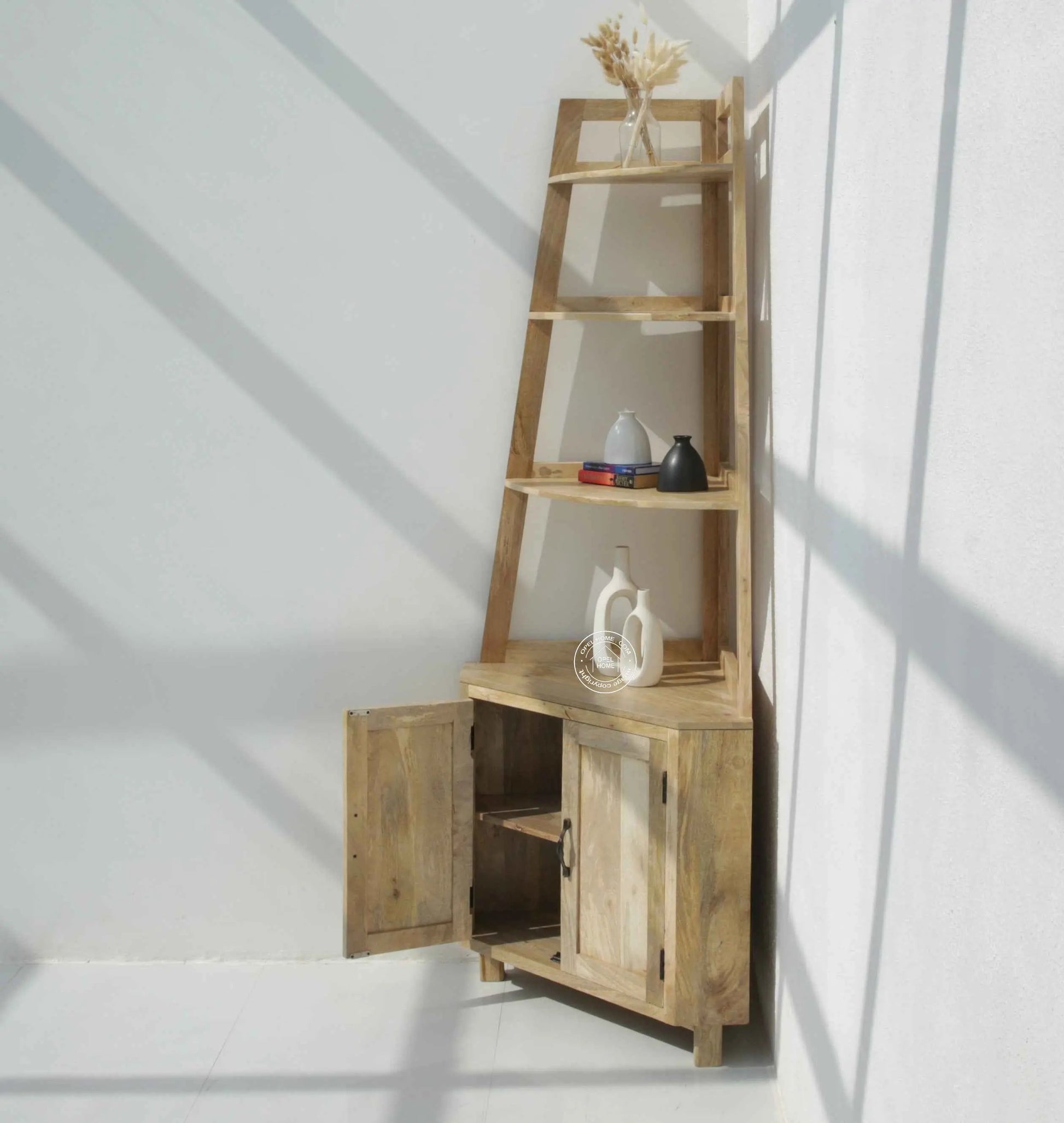 Rison Corner Wooden Display Shelf – Solid Mango Wood | Opelhome UAE