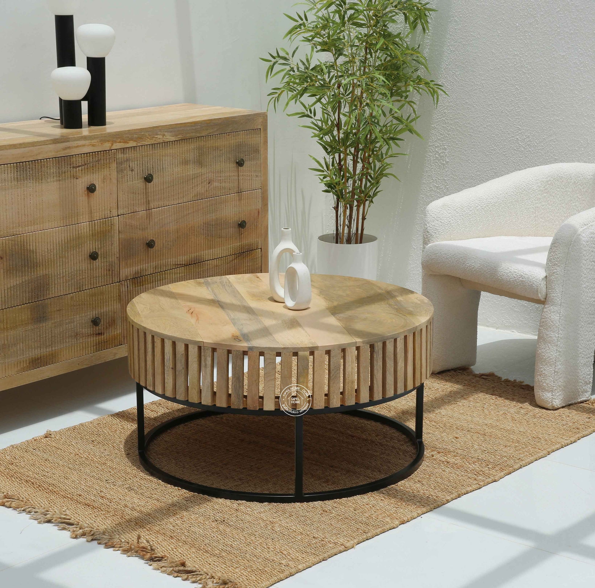 Rolling Wood Round Coffee Table with Black Metal Base – Solid Mango Wood, Natural Finish | Opelhome UAE