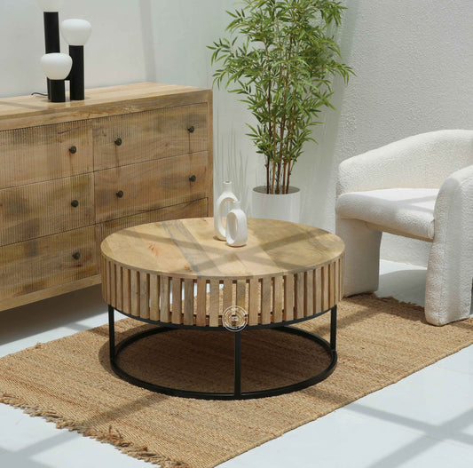 Rolling Wood Round Coffee Table with Black Metal Base – Solid Mango Wood, Natural Finish | Opelhome UAE