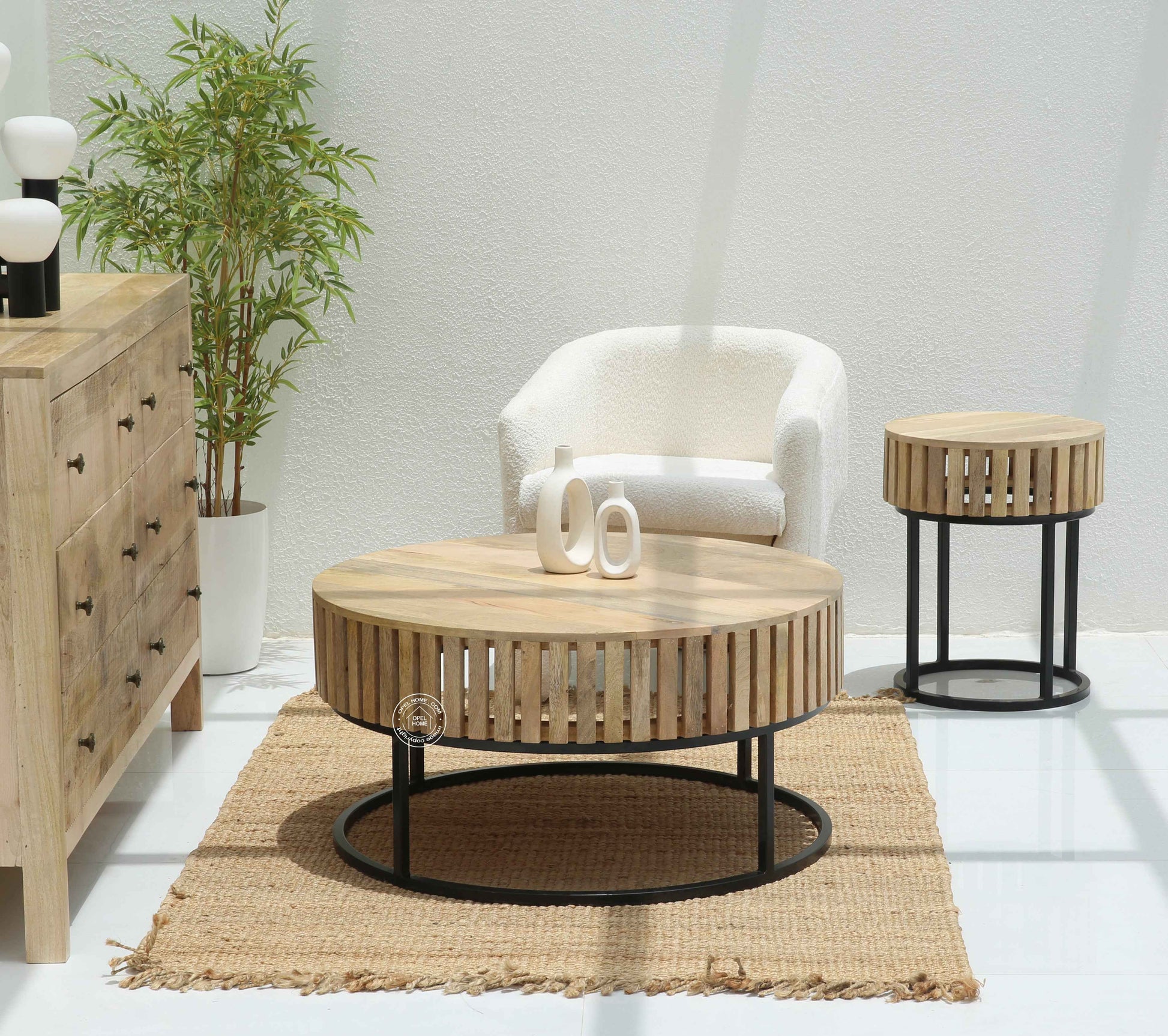 Rolling Wood Round Coffee Table with Black Metal Base – Solid Mango Wood, Natural Finish | Opelhome UAE