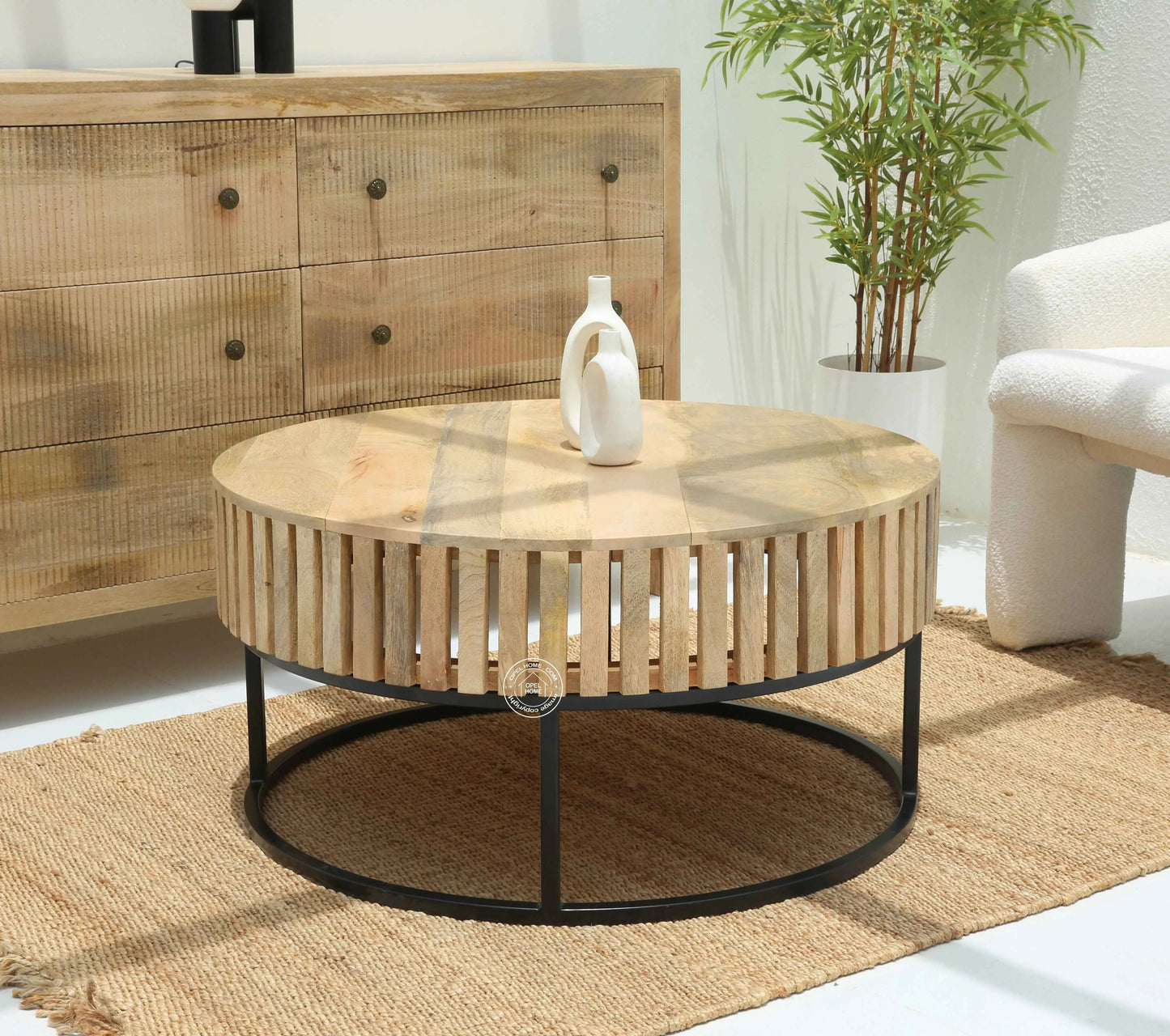 Rolling Wood Round Coffee Table with Black Metal Base – Solid Mango Wood, Natural Finish | Opelhome UAE