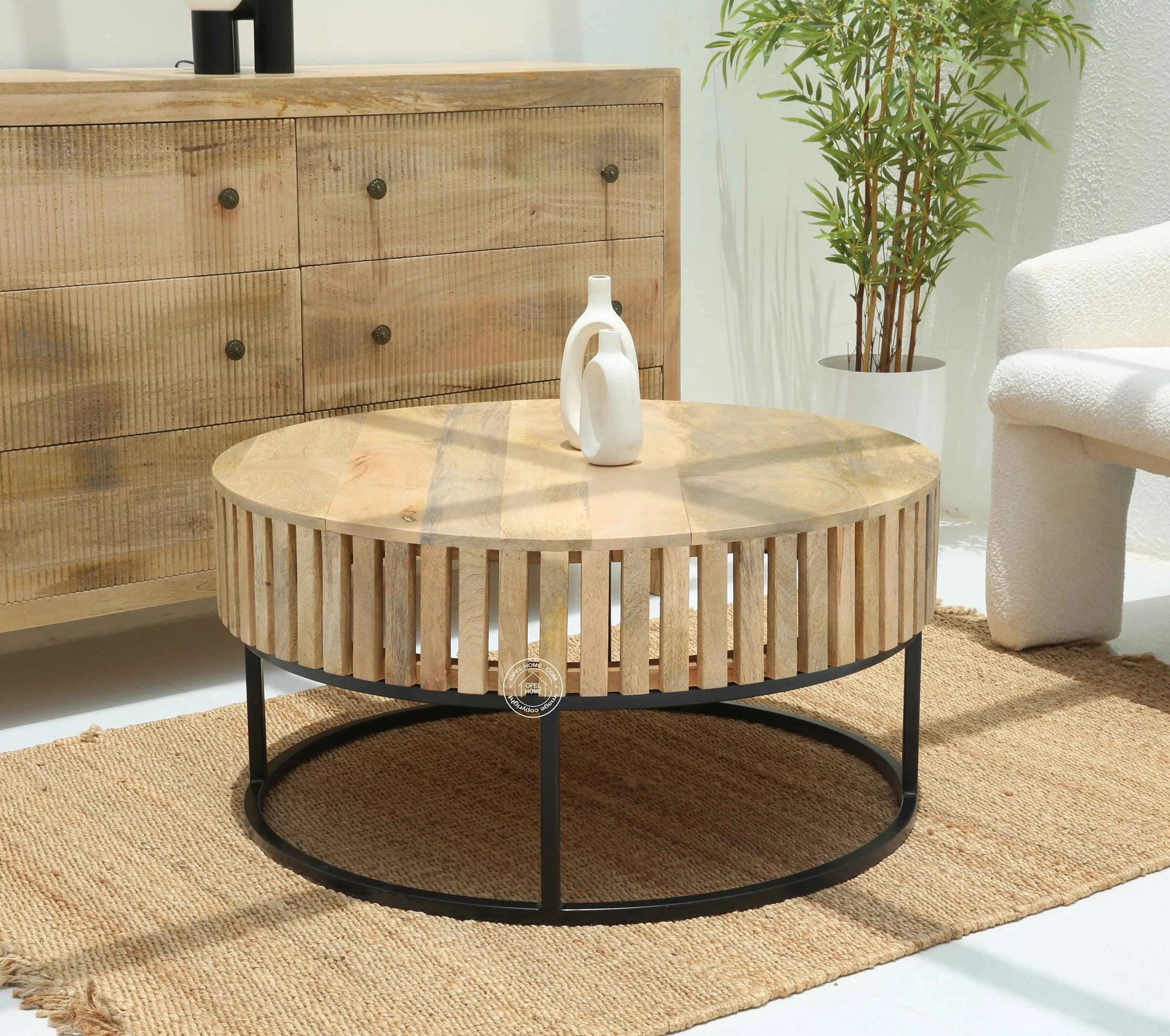 Rolling Wood Round Coffee Table with Black Metal Base – Solid Mango Wood, Natural Finish | Opelhome UAE