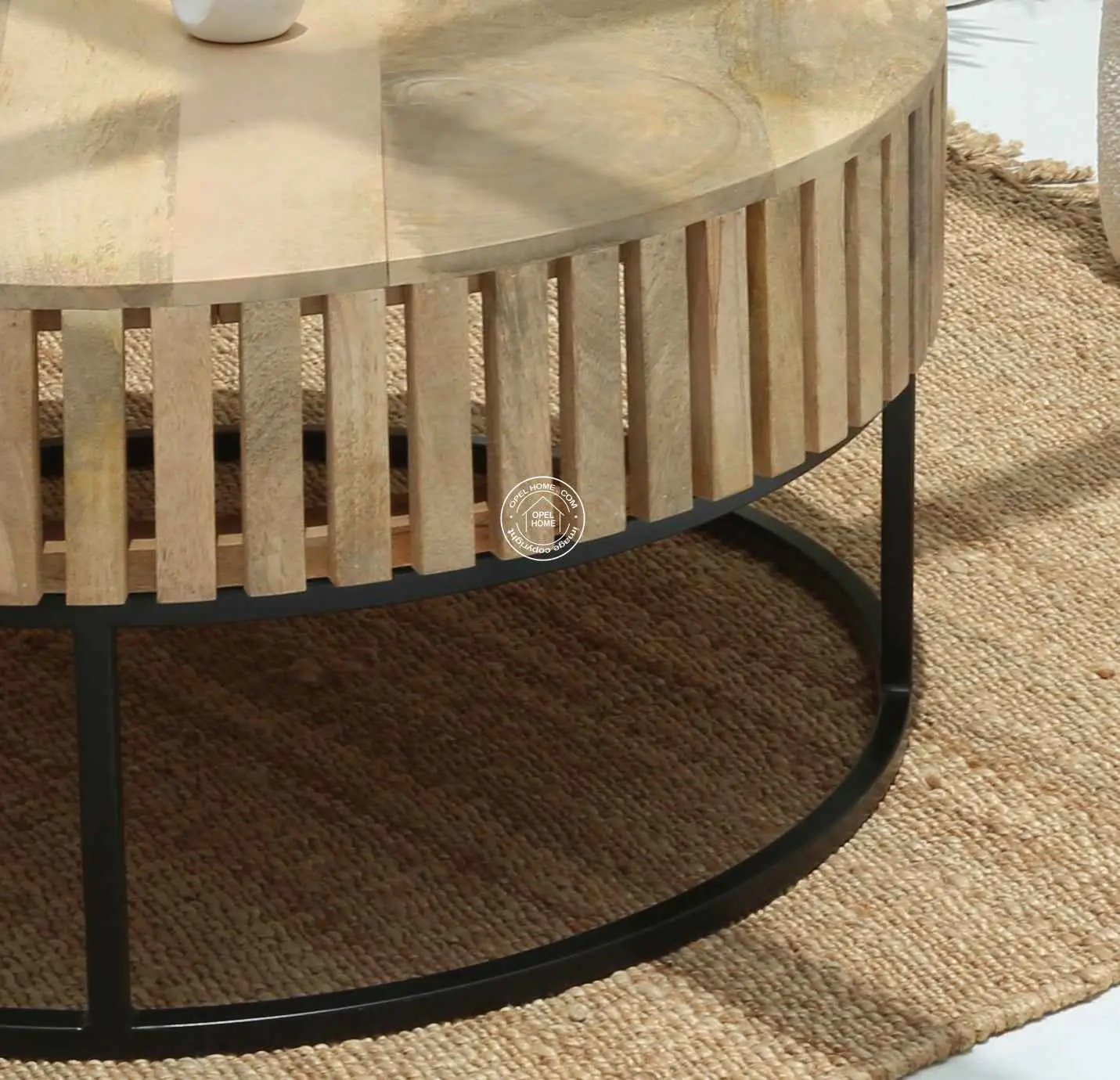 Rolling Wood Round Coffee Table with Black Metal Base – Solid Mango Wood, Natural Finish | Opelhome UAE