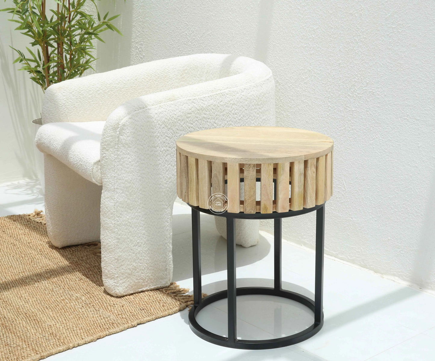 Rolling Wooden Round Side Table With Black Metal Base – Solid Mango Wood, Natural Finish | Opelhome UAE