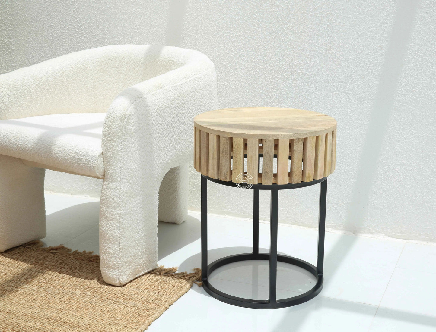 Rolling Wooden Round Side Table With Black Metal Base – Solid Mango Wood, Natural Finish | Opelhome UAE