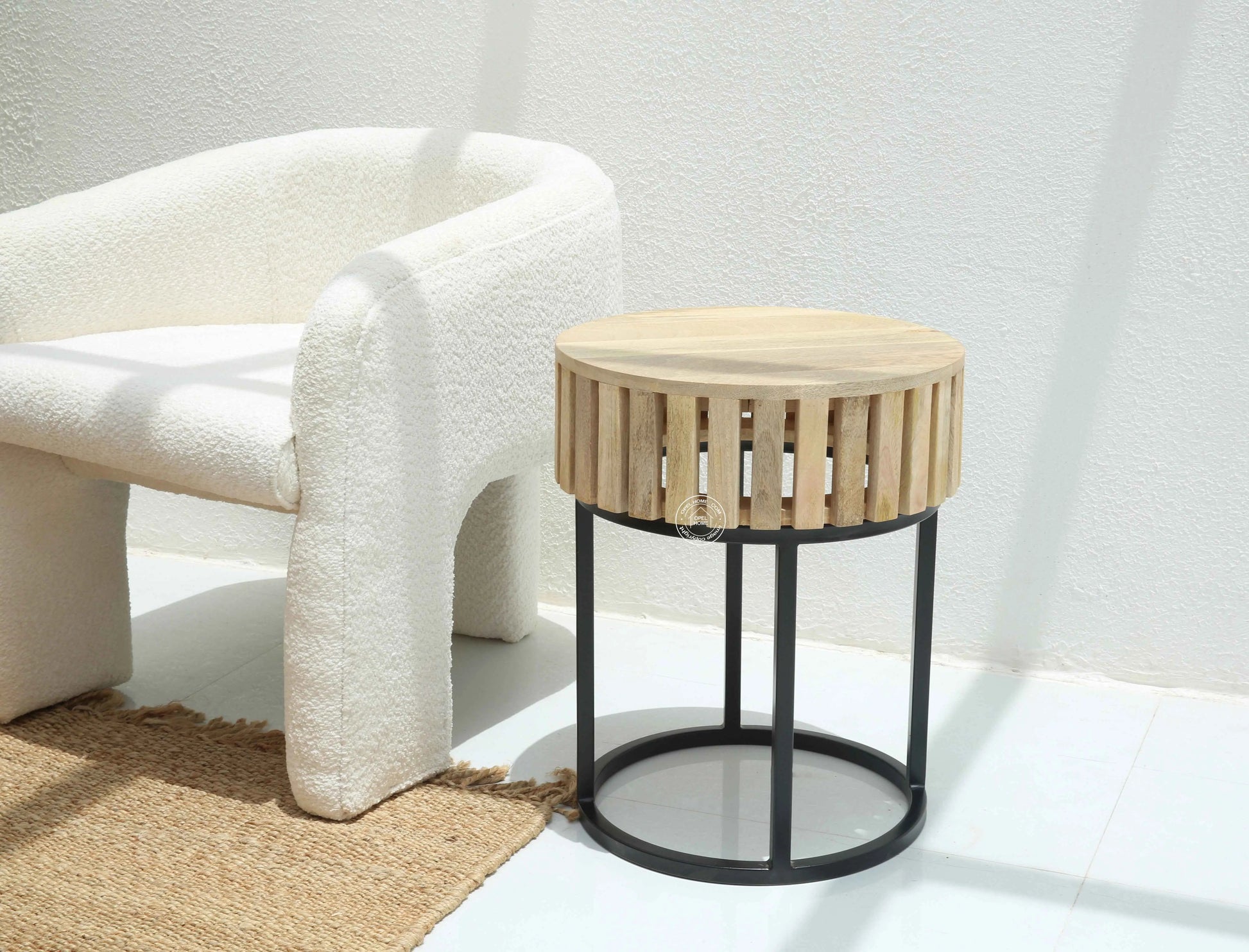 Rolling Wooden Round Side Table With Black Metal Base – Solid Mango Wood, Natural Finish | Opelhome UAE