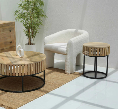 Rolling Wooden Round Side Table With Black Metal Base – Solid Mango Wood, Natural Finish | Opelhome UAE