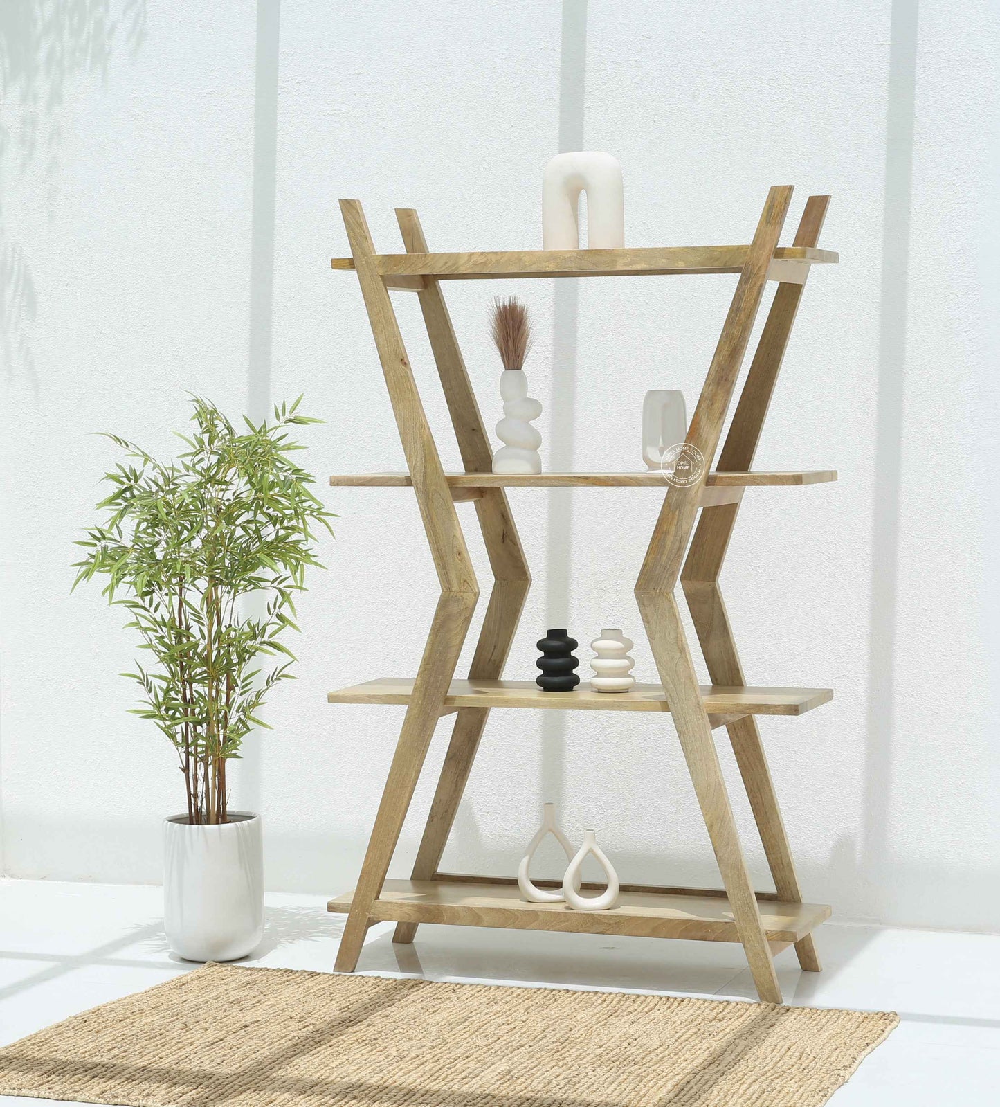 Roman Wooden Bookshelf – Solid Mango Wood, Natural Finish, Tall Storage | Opelhome UAE