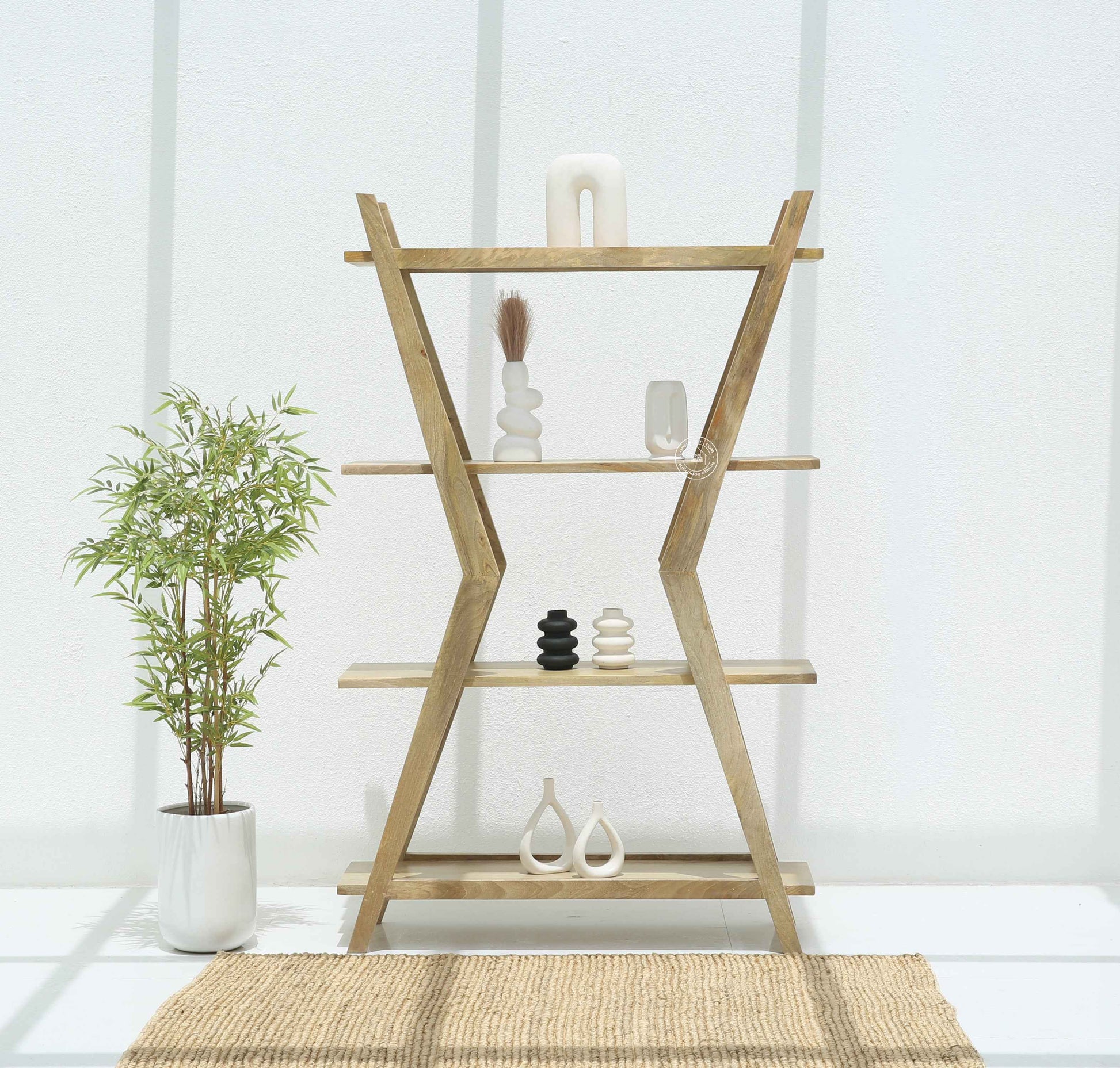 Roman Wooden Bookshelf – Solid Mango Wood, Natural Finish, Tall Storage | Opelhome UAE