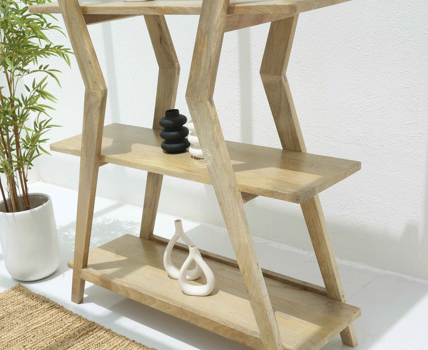 Roman Wooden Bookshelf – Solid Mango Wood, Natural Finish, Tall Storage | Opelhome UAE