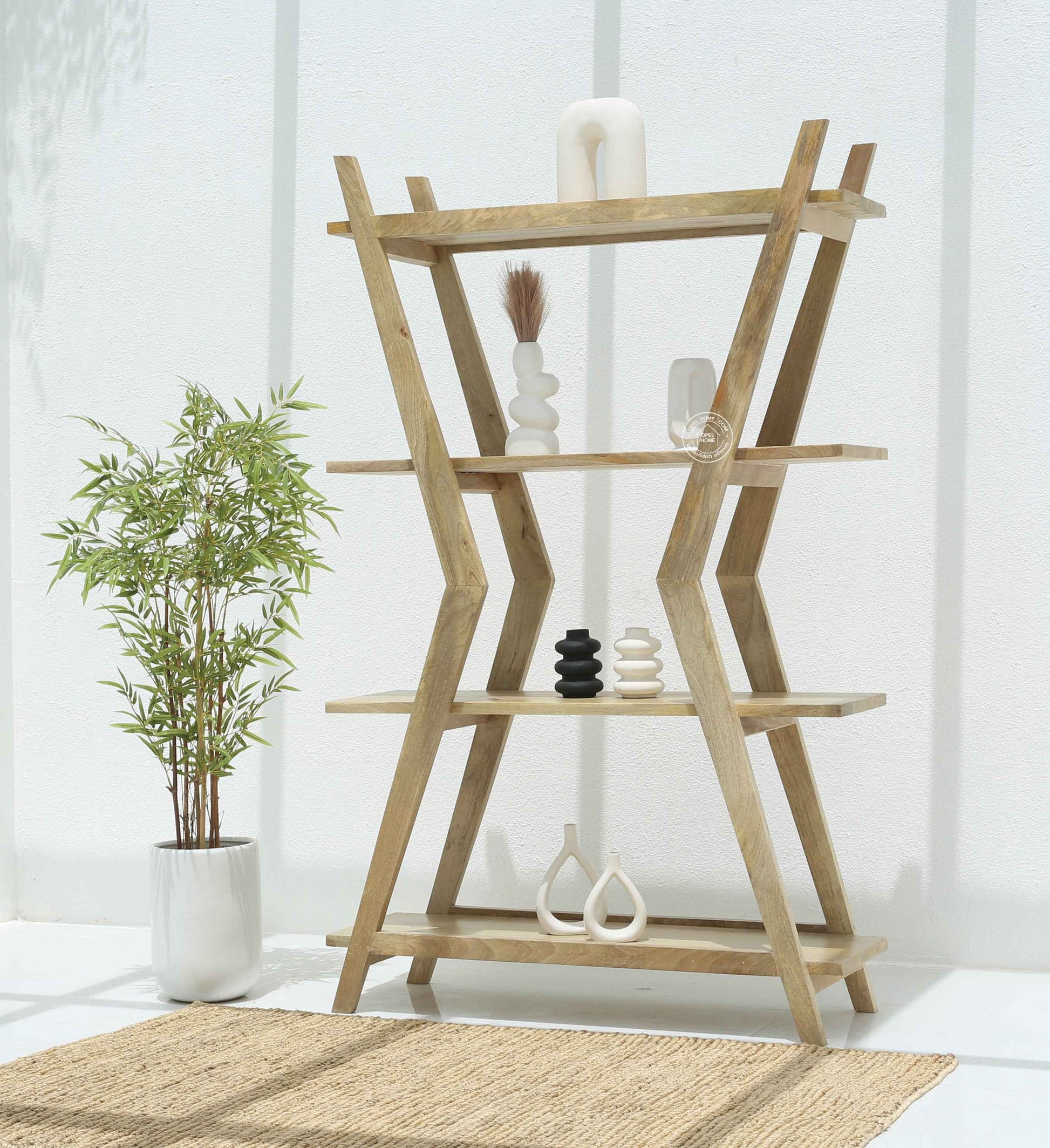 Roman Wooden Bookshelf – Solid Mango Wood, Natural Finish, Tall Storage | Opelhome UAE