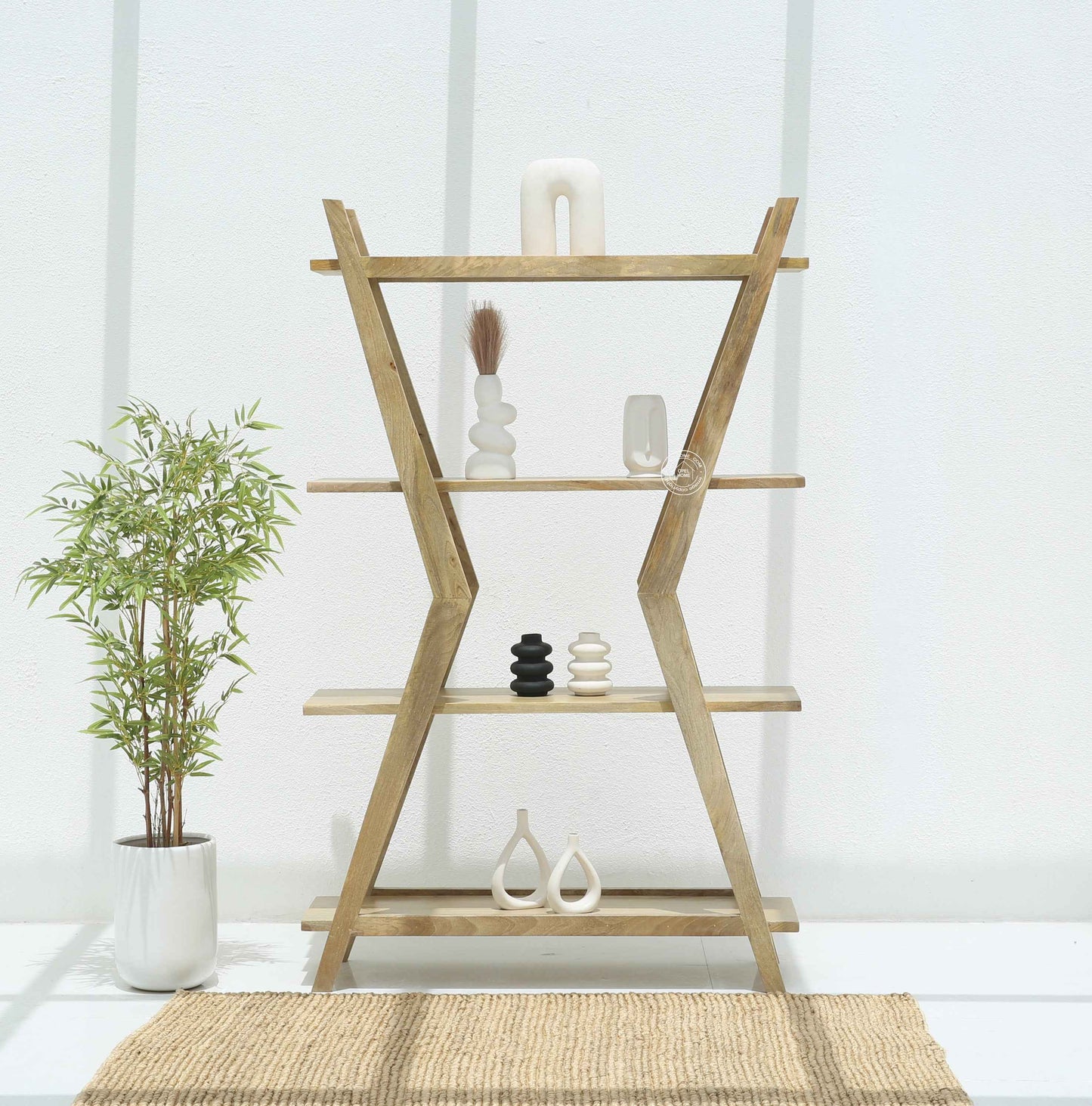 Roman Wooden Bookshelf – Solid Mango Wood, Natural Finish, Tall Storage | Opelhome UAE