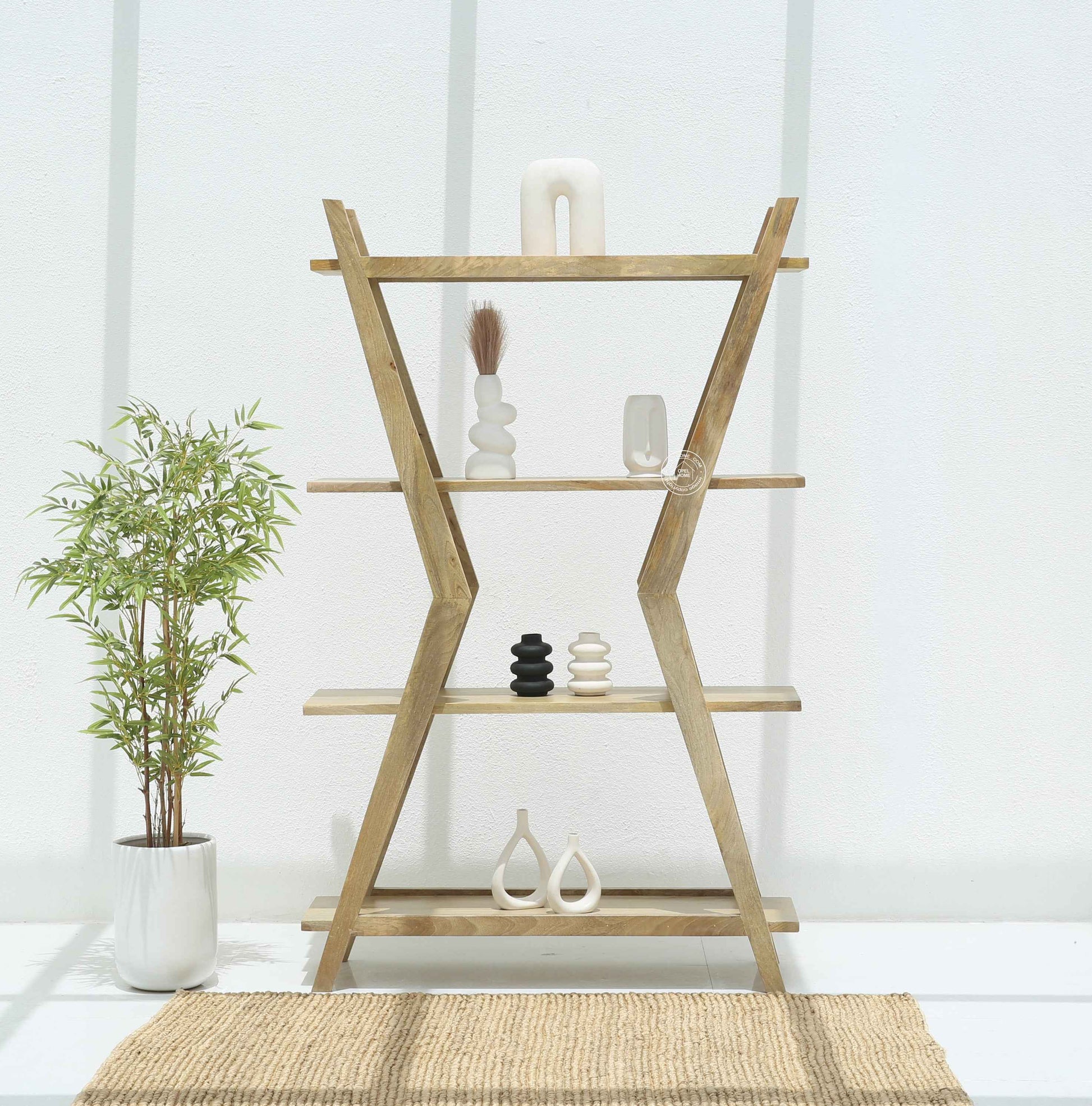 Roman Wooden Bookshelf – Solid Mango Wood, Natural Finish, Tall Storage | Opelhome UAE