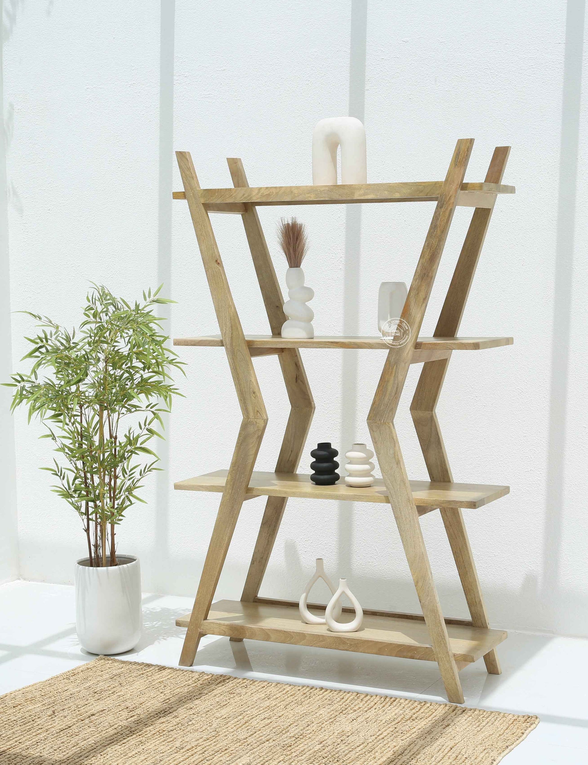 Roman Wooden Bookshelf – Solid Mango Wood, Natural Finish, Tall Storage | Opelhome UAE