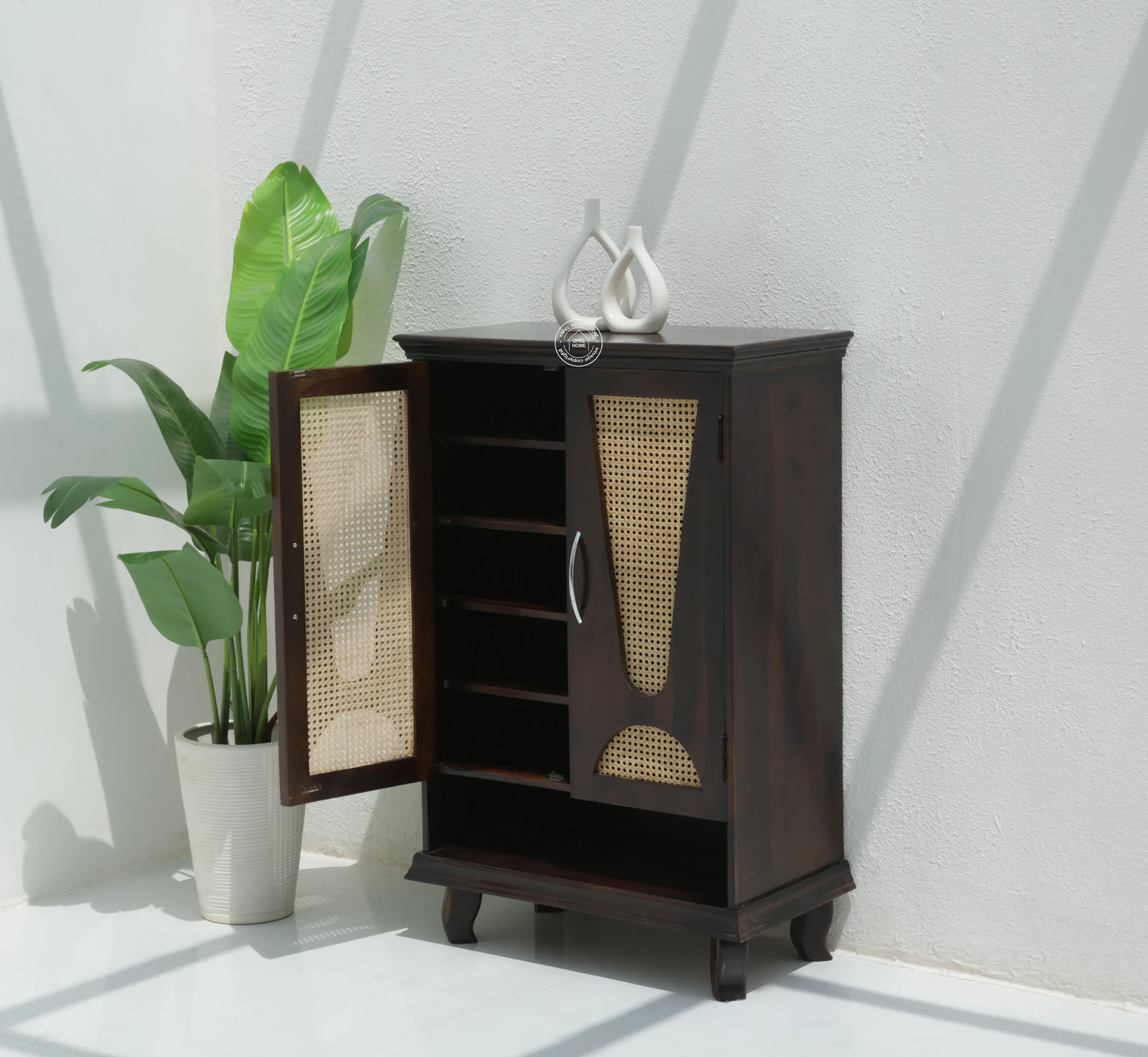 Roper Rattan Shoe Rack – Solid Rose Wood, Walnut Finish | Opelhome UAE - Opelhome