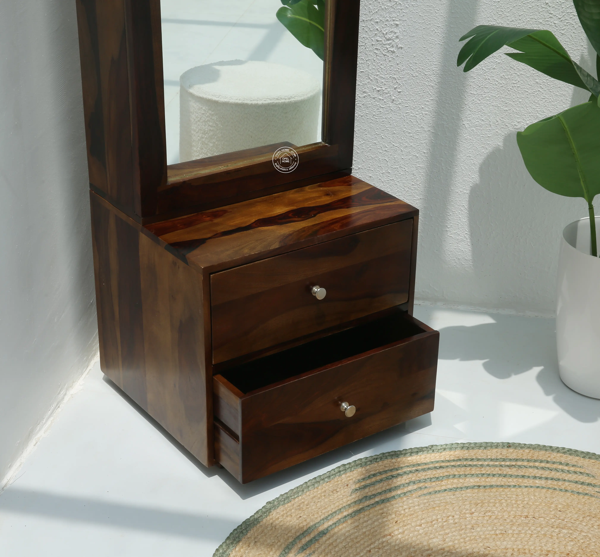 Rune Dressing Unit Table – Solid Rosewood, Walnut Finish, Tall Mirror | Opelhome UAE - Opelhome
