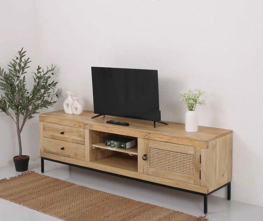 Simple Wooden Media Unit – 2 Shelves, Solid Mango Wood, Natural Finish | Opelhome UAE