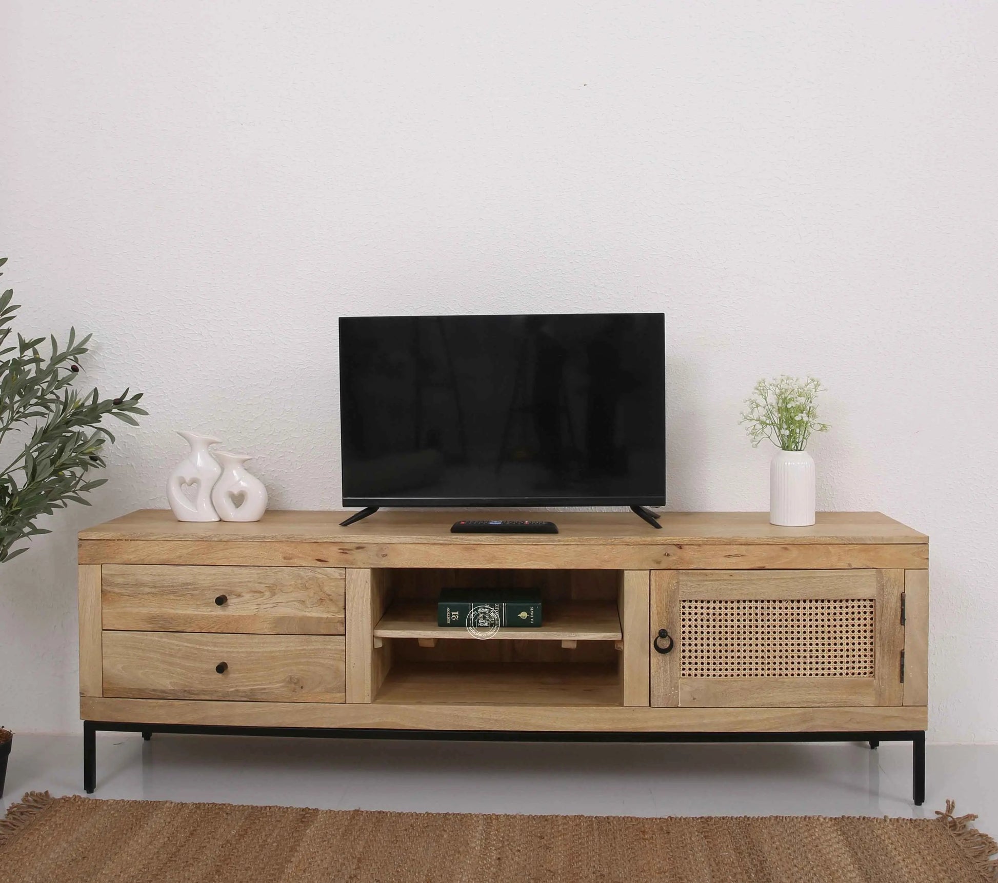 Simple Wooden Media Unit – 2 Shelves, Solid Mango Wood, Natural Finish | Opelhome UAE