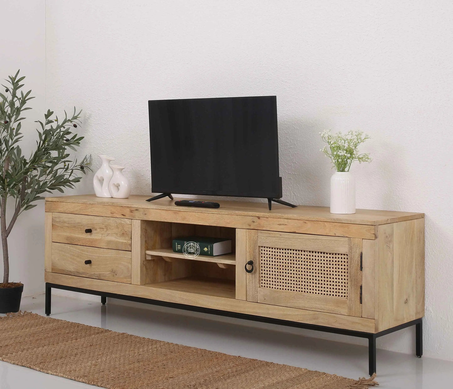 Simple Wooden Media Unit – 2 Shelves, Solid Mango Wood, Natural Finish | Opelhome UAE