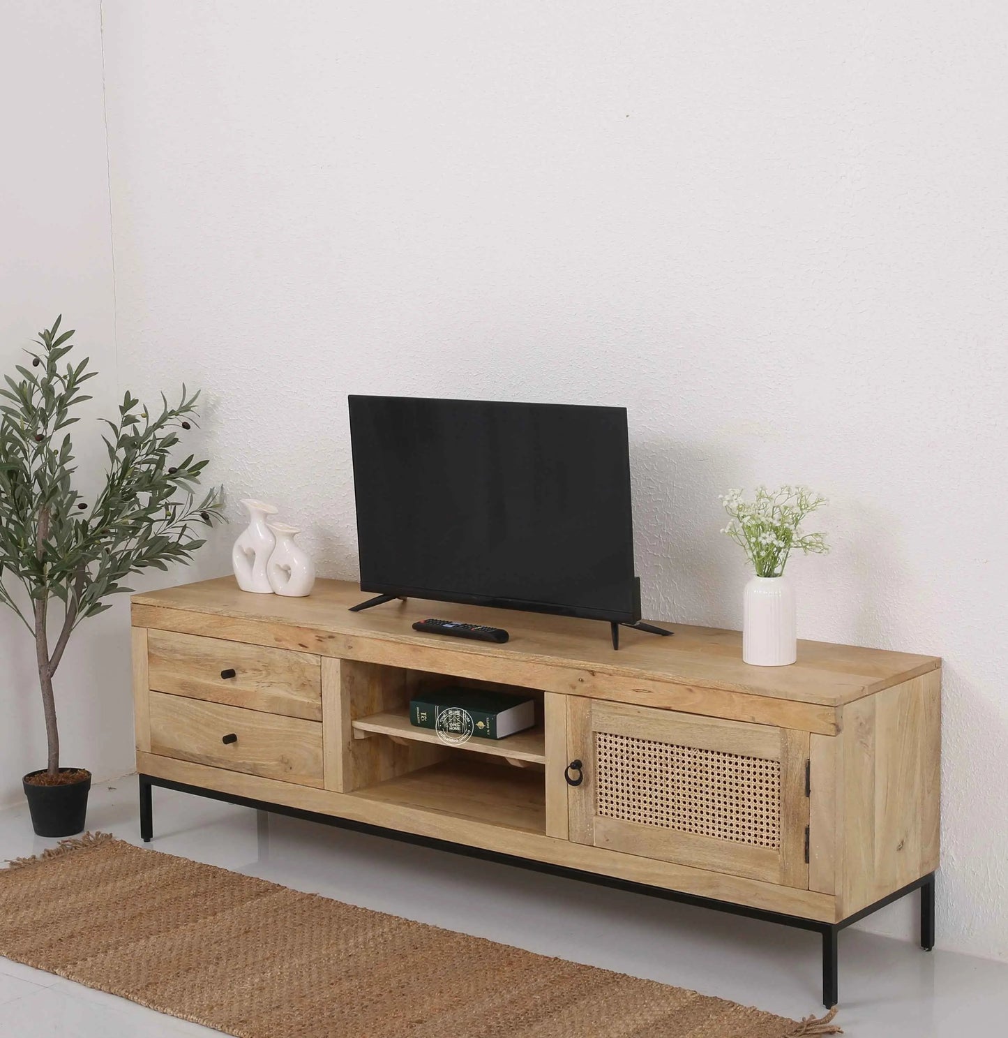 Simple Wooden Media Unit – 2 Shelves, Solid Mango Wood, Natural Finish | Opelhome UAE