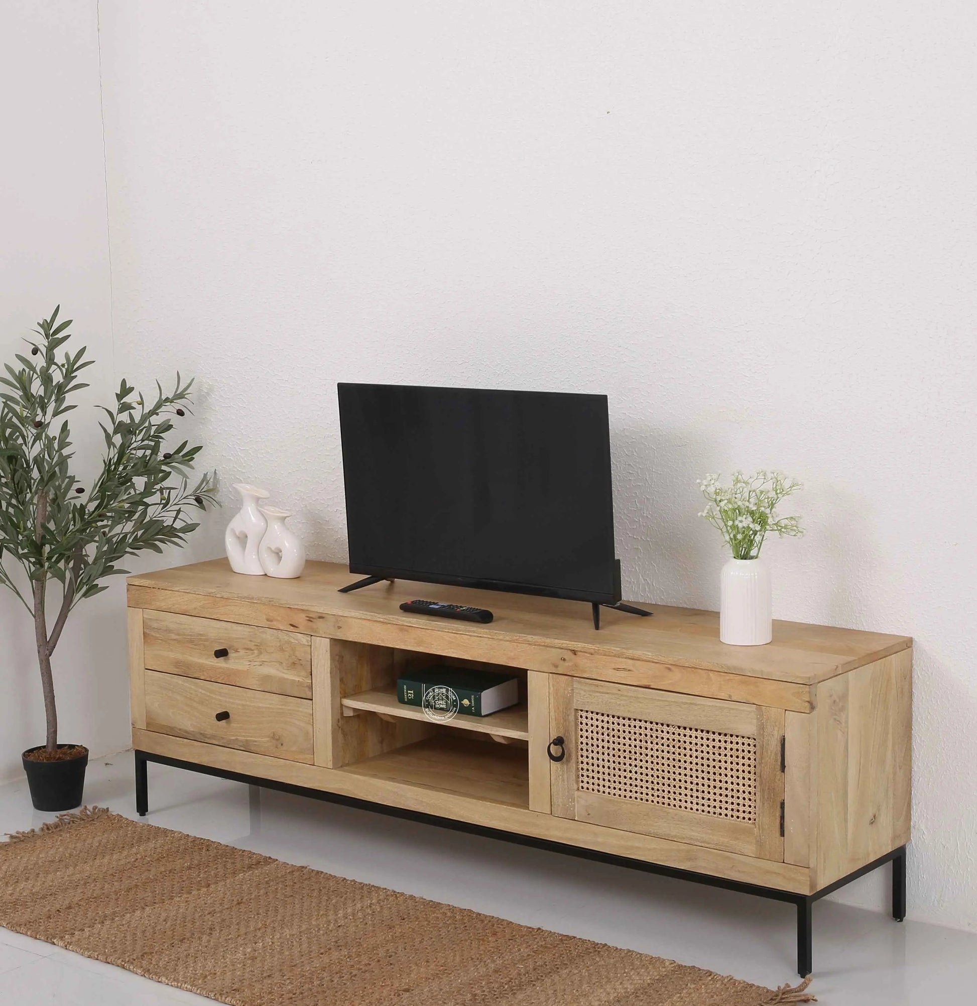 Simple Wooden Media Unit – 2 Shelves, Solid Mango Wood, Natural Finish | Opelhome UAE