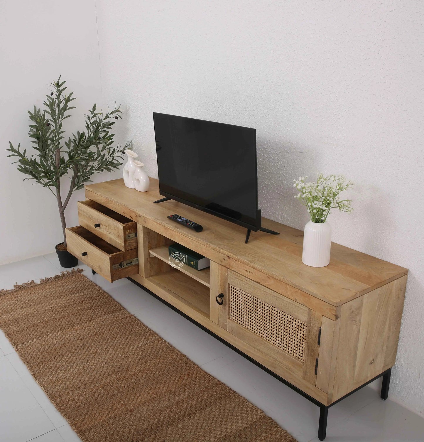 Simple Wooden Media Unit – 2 Shelves, Solid Mango Wood, Natural Finish | Opelhome UAE