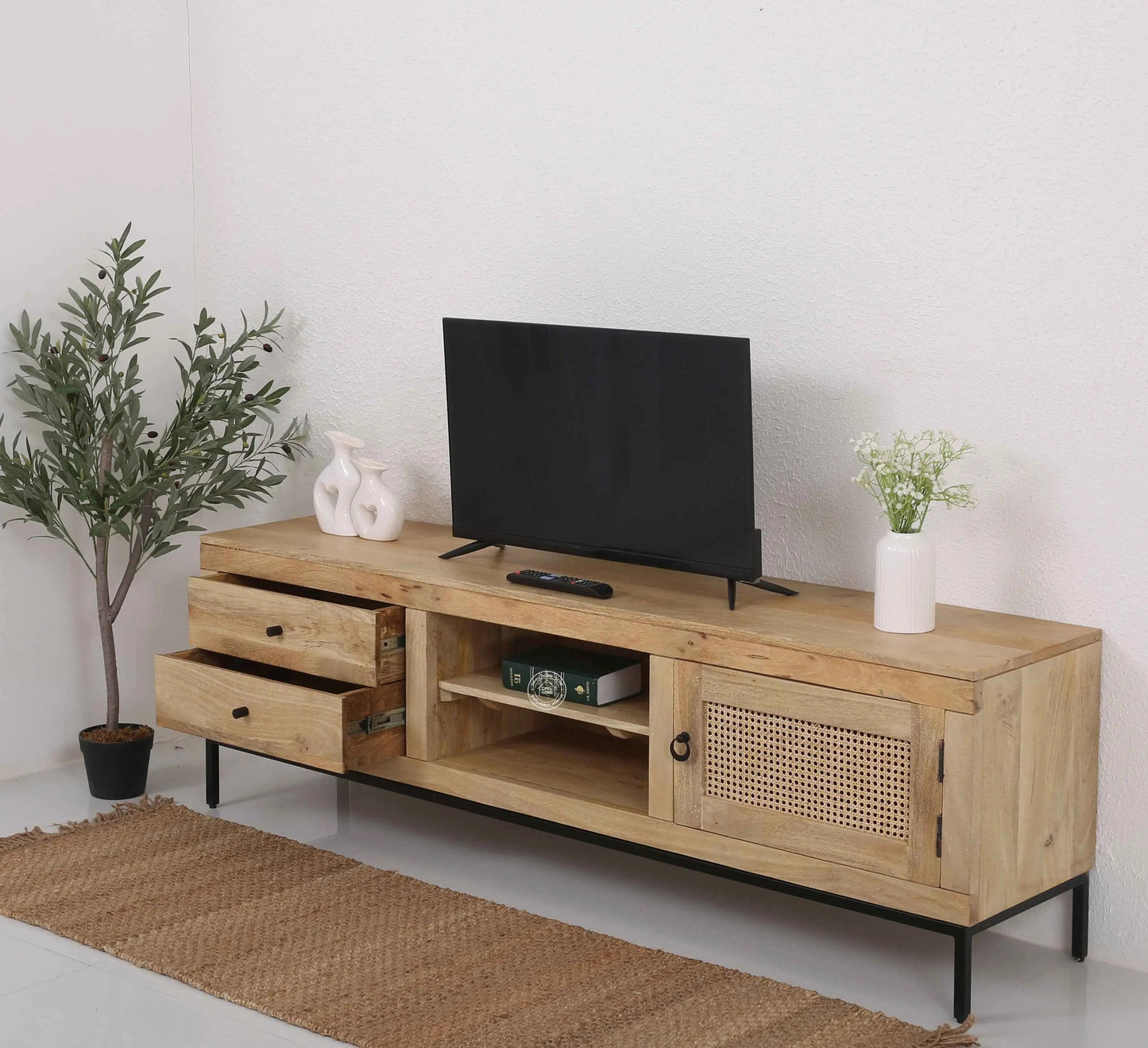 Simple Wooden Media Unit – 2 Shelves, Solid Mango Wood, Natural Finish | Opelhome UAE