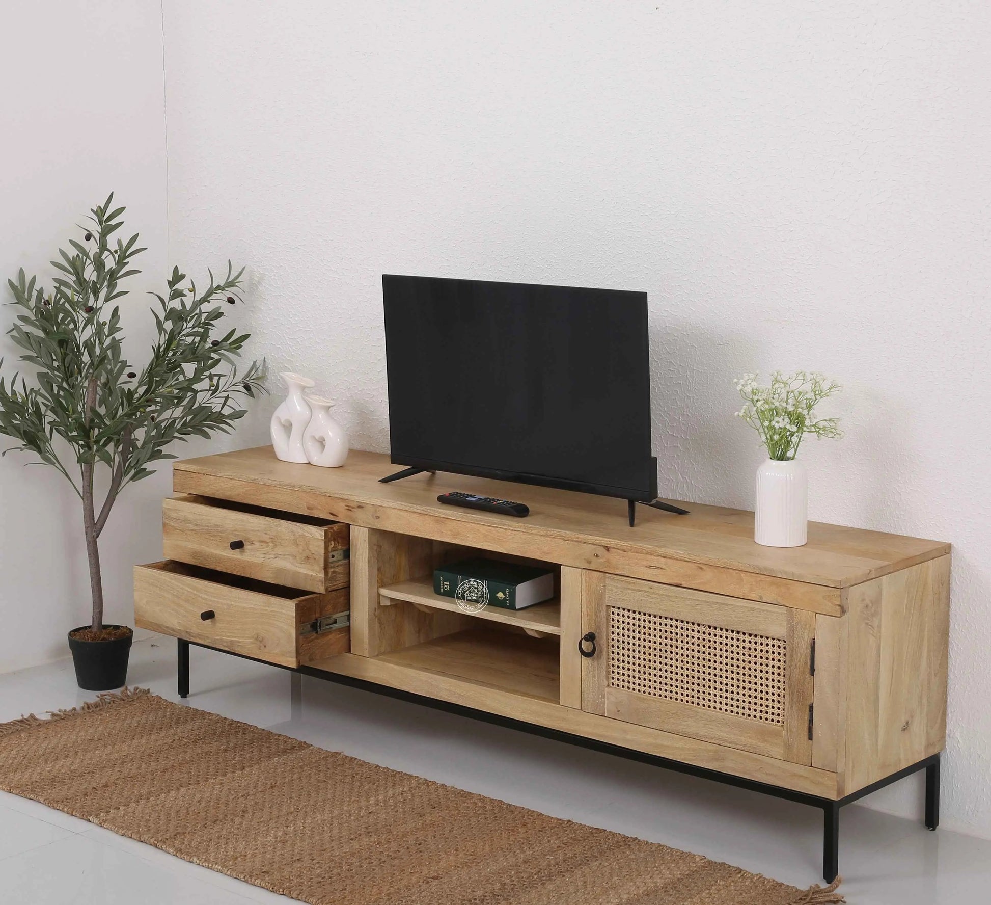 Simple Wooden Media Unit – 2 Shelves, Solid Mango Wood, Natural Finish | Opelhome UAE
