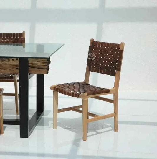Sobia Leather Acacia Wood Dining Chair – (Only one pcs , Natural finish) | Opelhome UAE