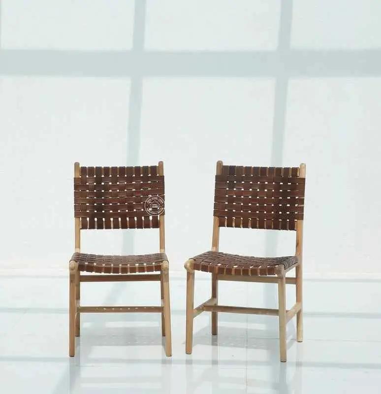 Sobia Leather Acacia Wood Dining Chair – (Only one pcs , Natural finish) | Opelhome UAE