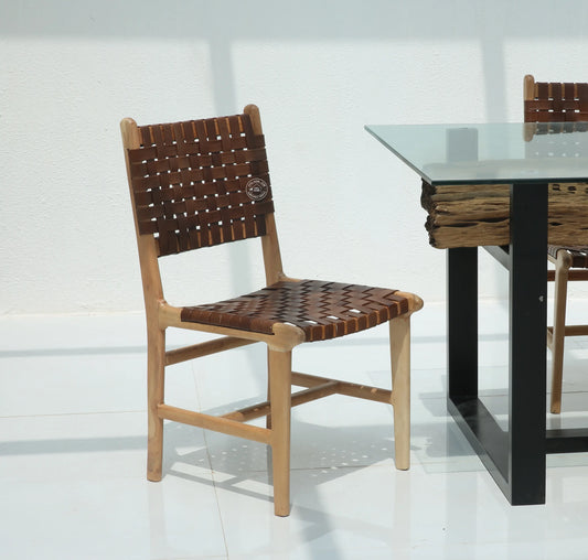 Sobia Leather  Dining Chair – Only One Pcs, Solid Acacia Wood, Natural finish | Opelhome UAE Opel Home