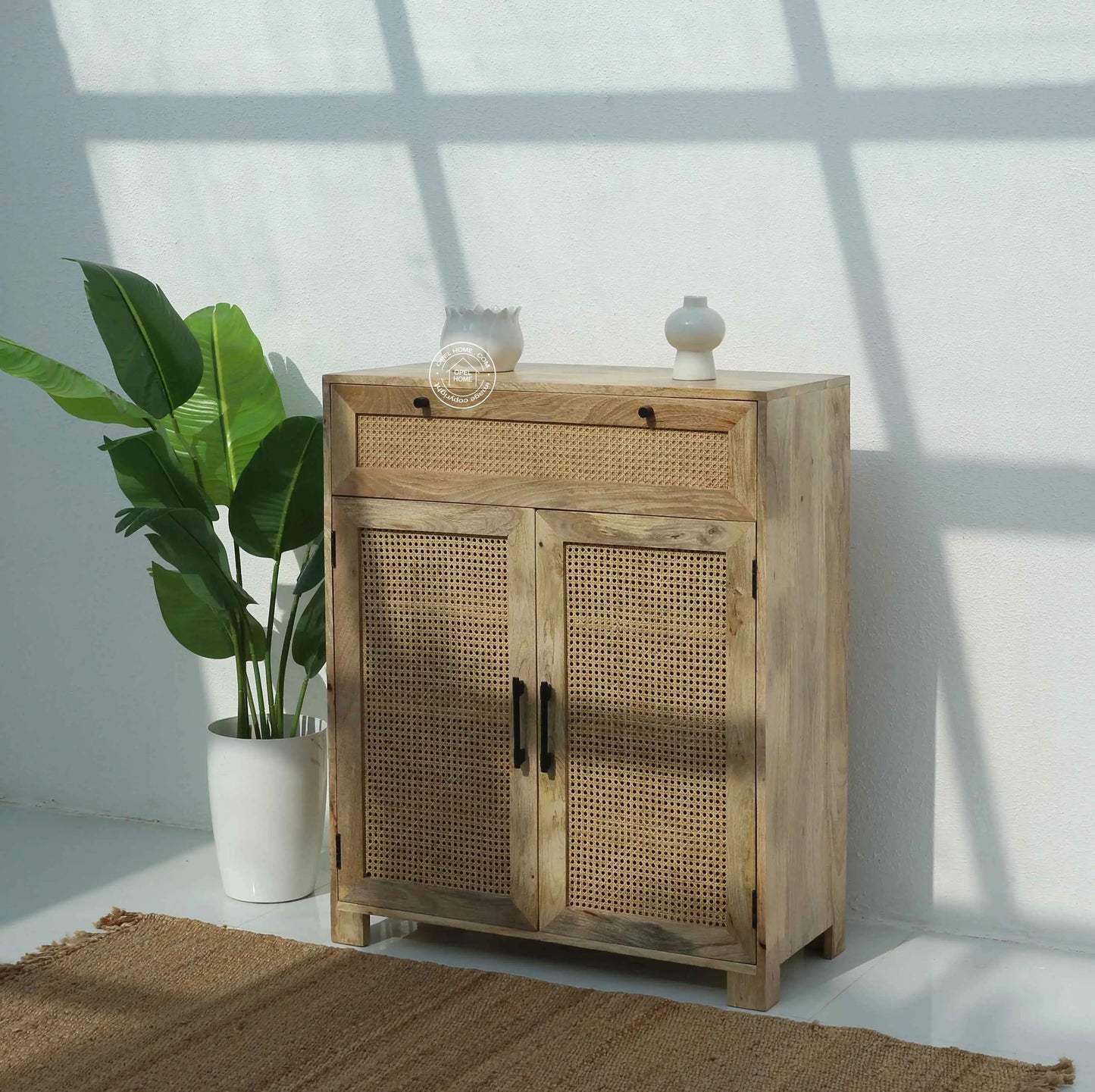 Solra Rattan Shoe Rack – Solid Wood, Natural Finish, Hallway Storage | Opelhome UAE