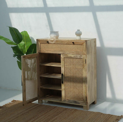 Solra Rattan Shoe Rack – Solid Wood, Natural Finish, Hallway Storage | Opelhome UAE
