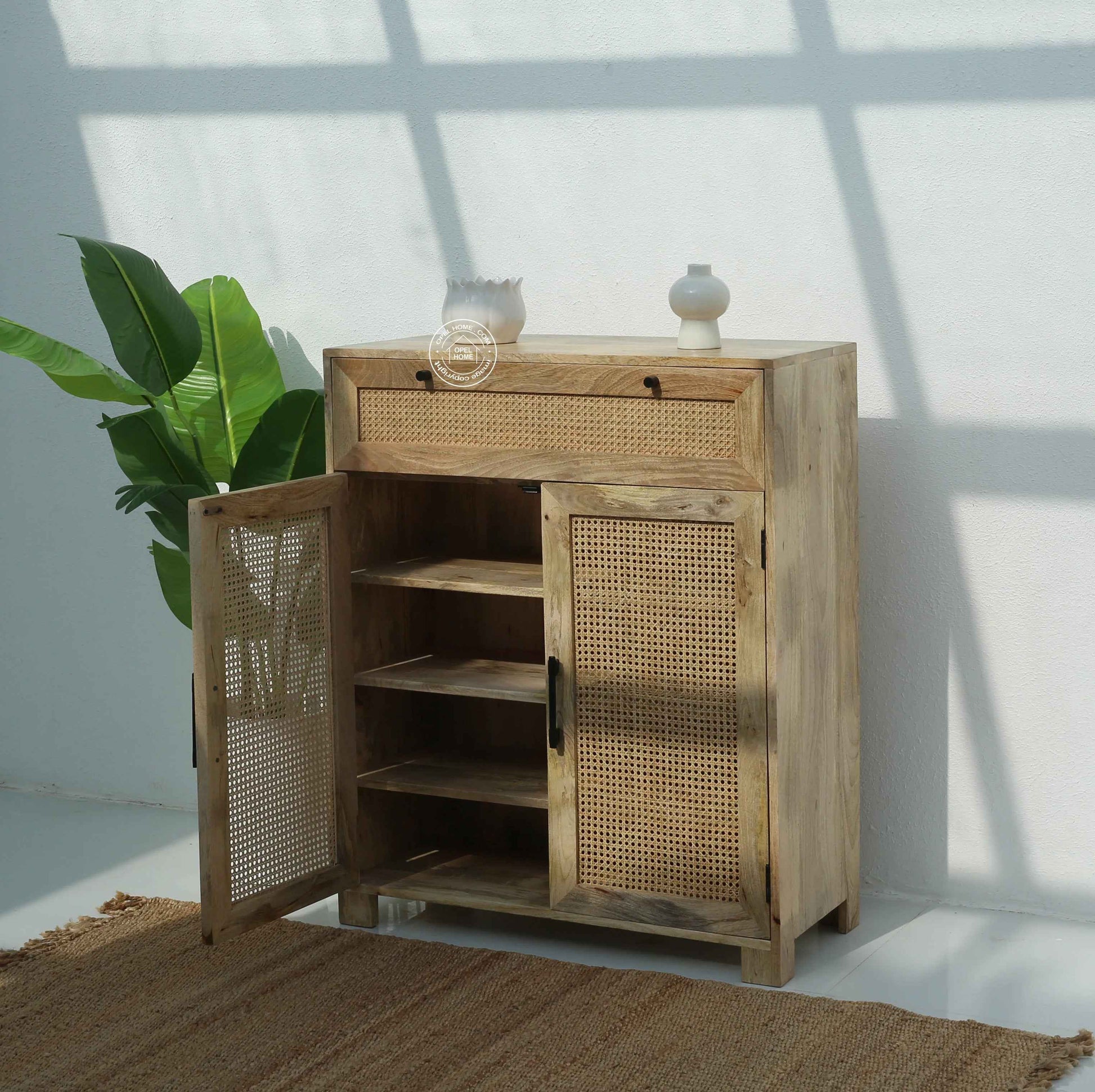 Solra Rattan Shoe Rack – Solid Wood, Natural Finish, Hallway Storage | Opelhome UAE