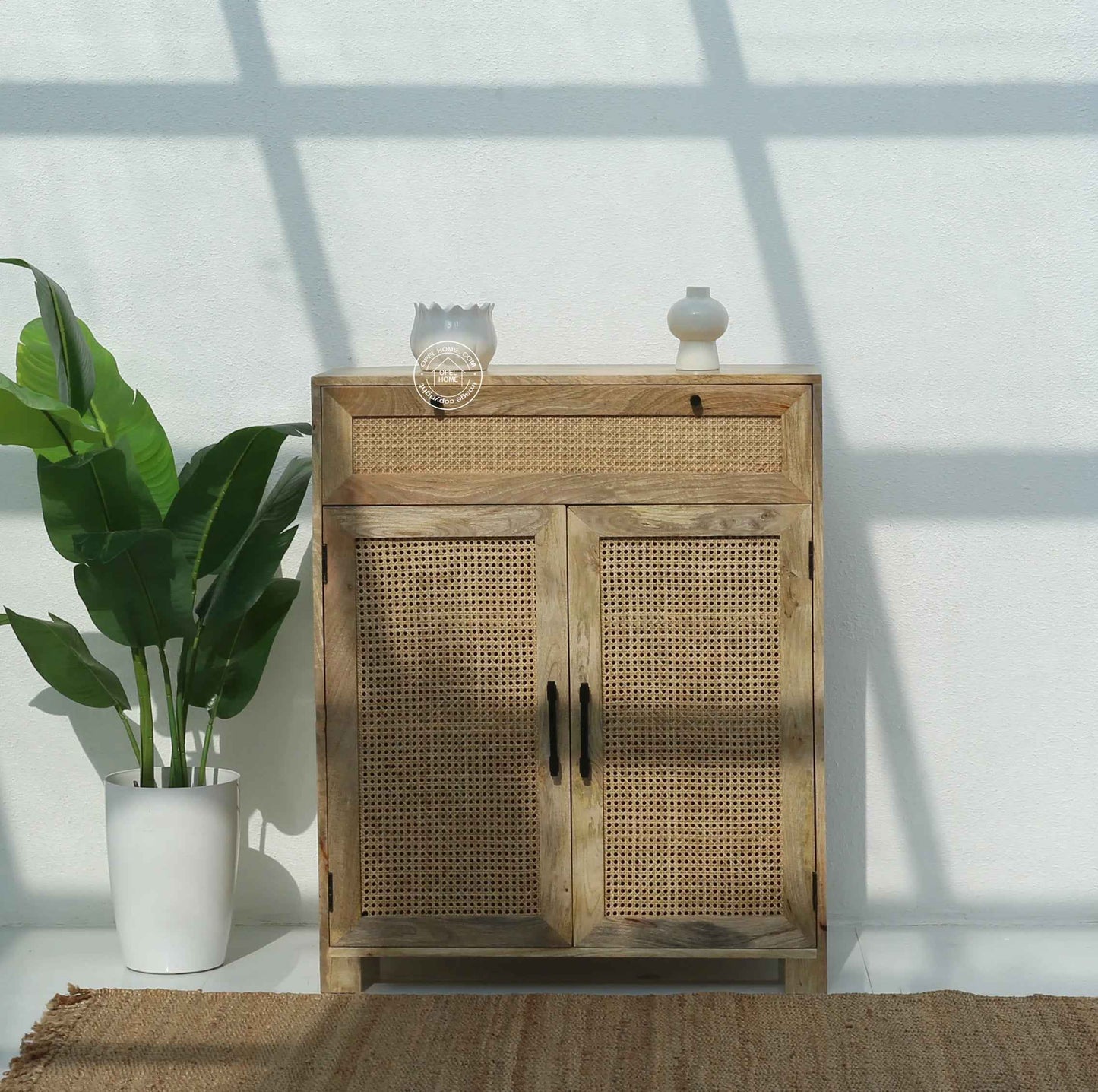 Solra Rattan Shoe Rack – Solid Wood, Natural Finish, Hallway Storage | Opelhome UAE