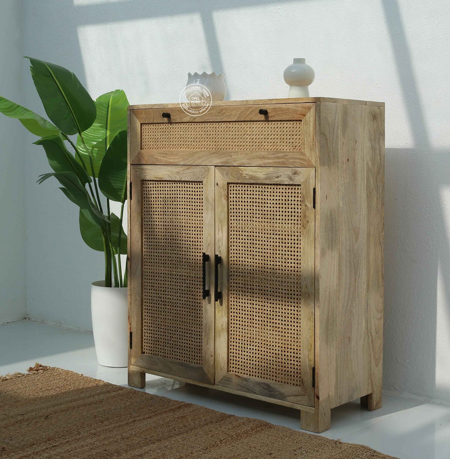 Solra Rattan Shoe Rack – Solid Wood, Natural Finish, Hallway Storage | Opelhome UAE