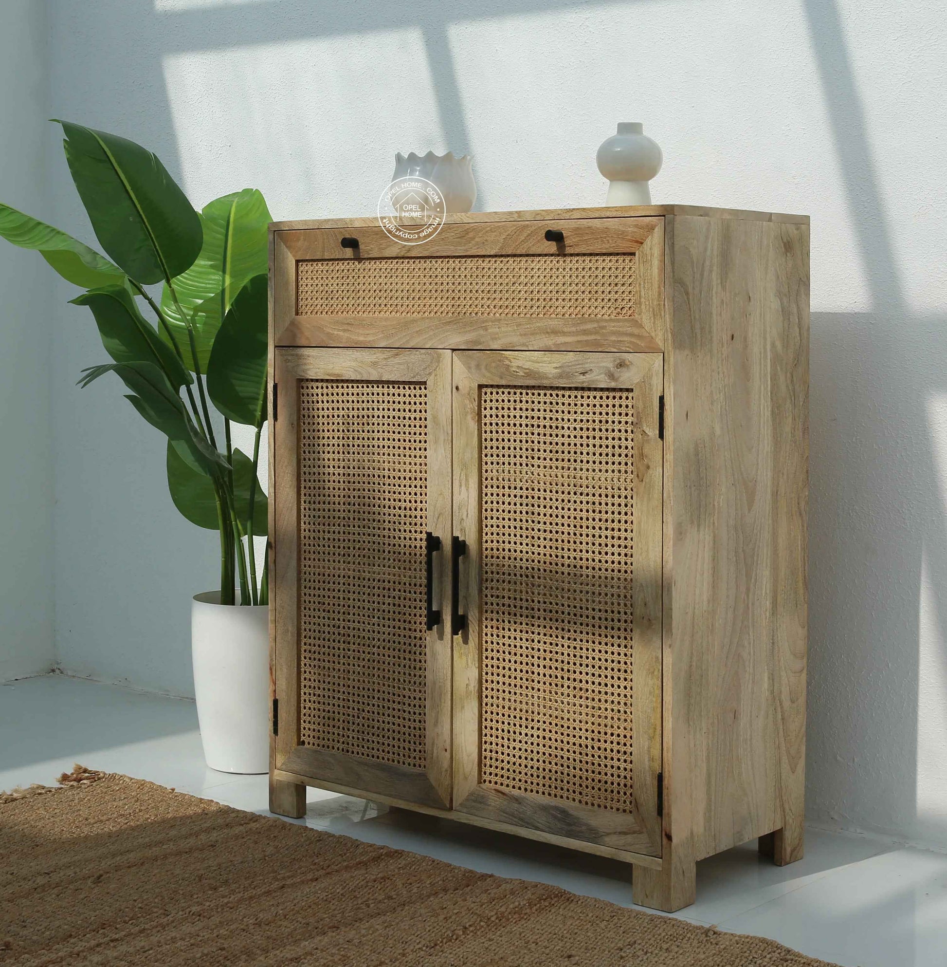 Solra Rattan Shoe Rack – Solid Wood, Natural Finish, Hallway Storage | Opelhome UAE