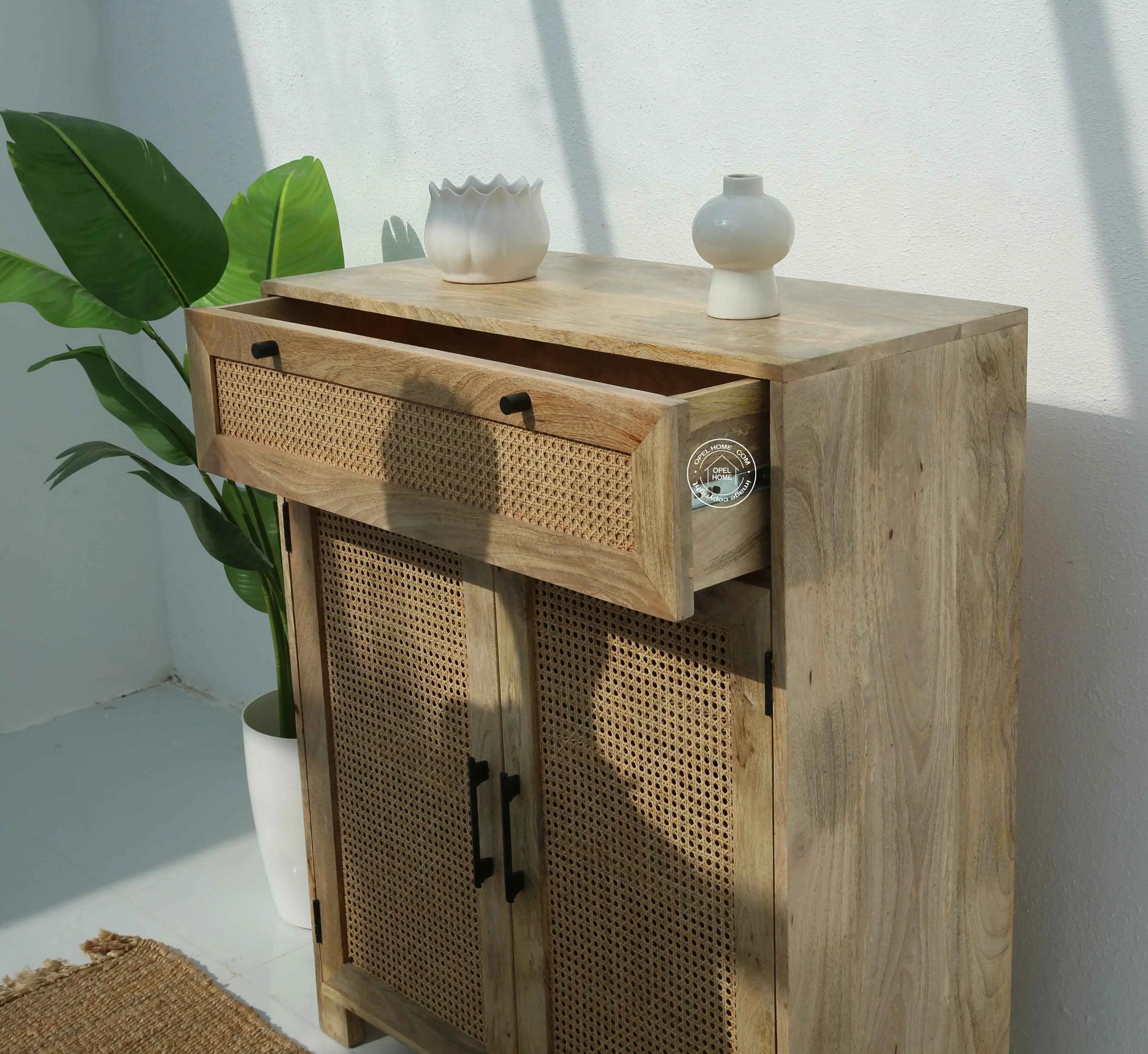 Solra Rattan Shoe Rack – Solid Wood, Natural Finish, Hallway Storage | Opelhome UAE