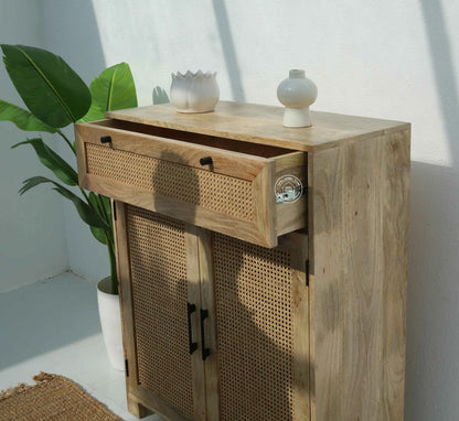 Solra Rattan Shoe Rack – Solid Wood, Natural Finish, Hallway Storage | Opelhome UAE