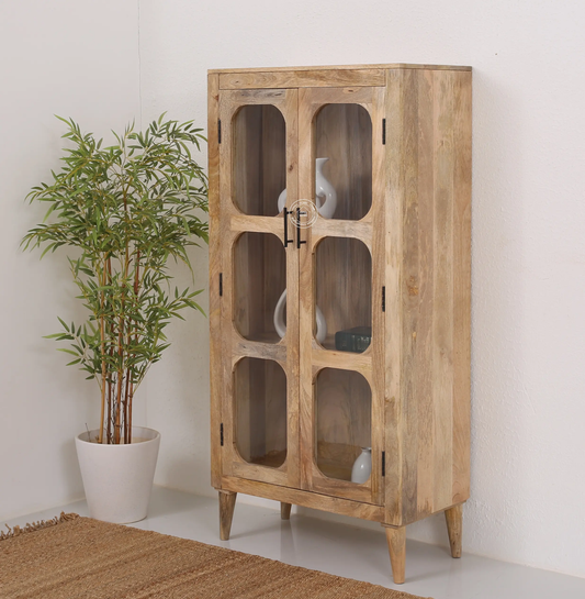 Space Glass 2 Door Closet – Solid Mango Wood, Natural Finish | Opelhome UAE - Opelhome
