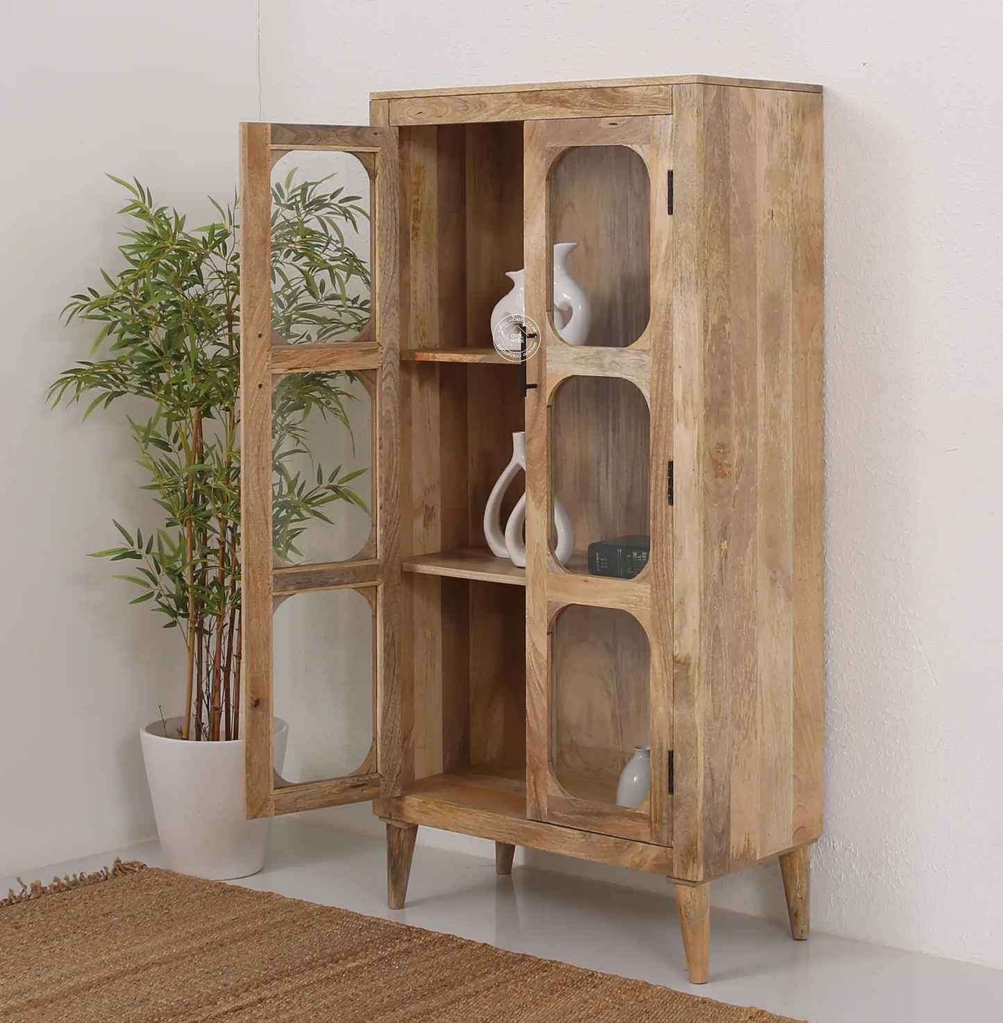 Space Glass 2 Door Closet – Solid Mango Wood, Natural Finish | Opelhome UAE - Opelhome
