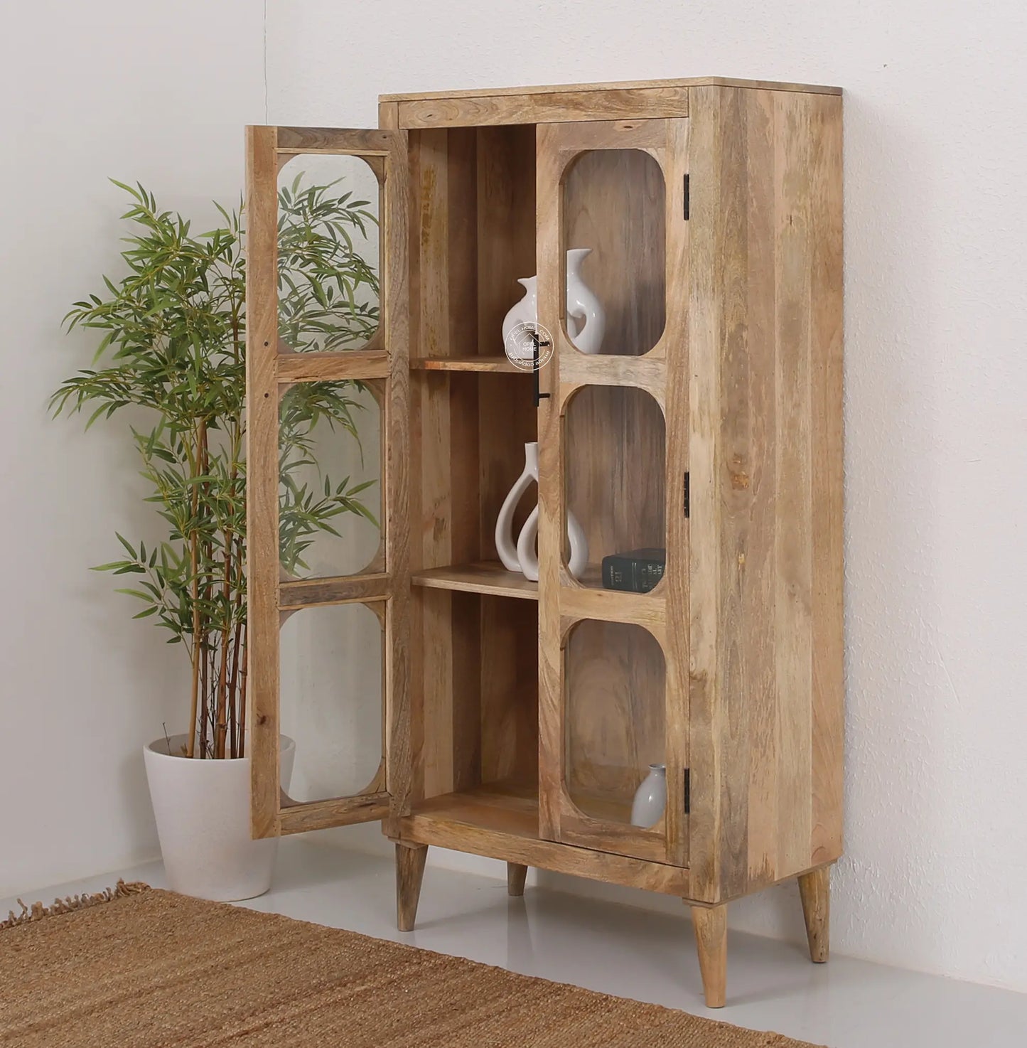 Space Glass 2 Door Closet – Solid Mango Wood, Natural Finish | Opelhome UAE - Opelhome
