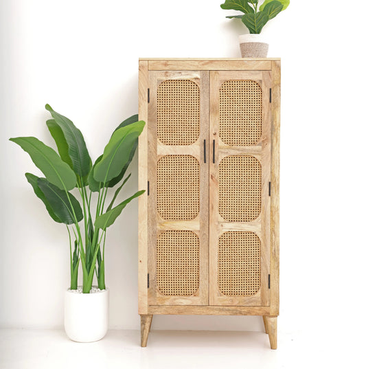 Space Rattan Closet – 2 Doors, Solid Mango Wood, Natural Finish, Storage Cabinet | Opelhome UAE Opel Home