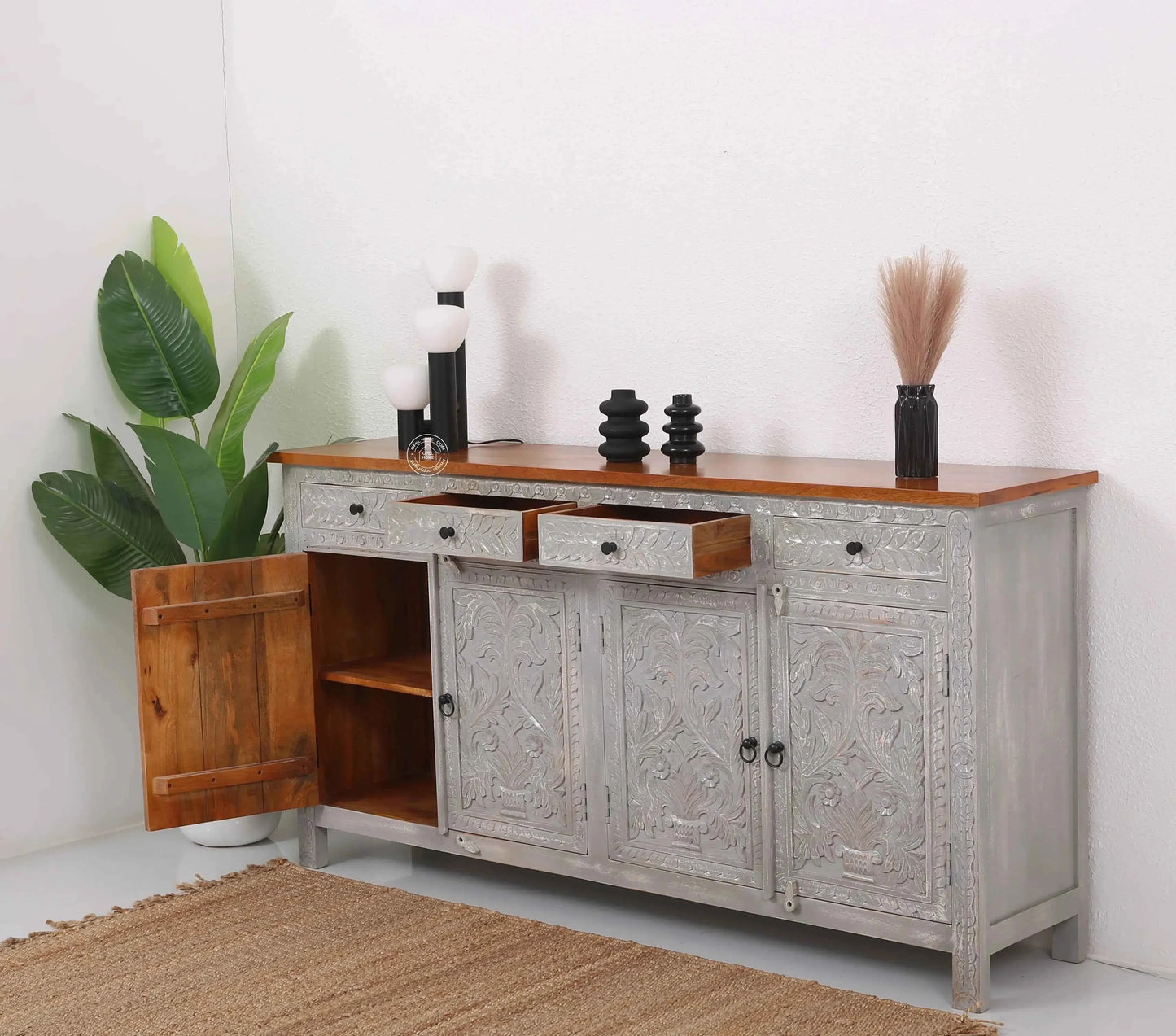 Sparta Wooden 4 Door 4 Drawer Sideboard – Solid Mango Wood, Multiple Color Options | Opelhome UAE