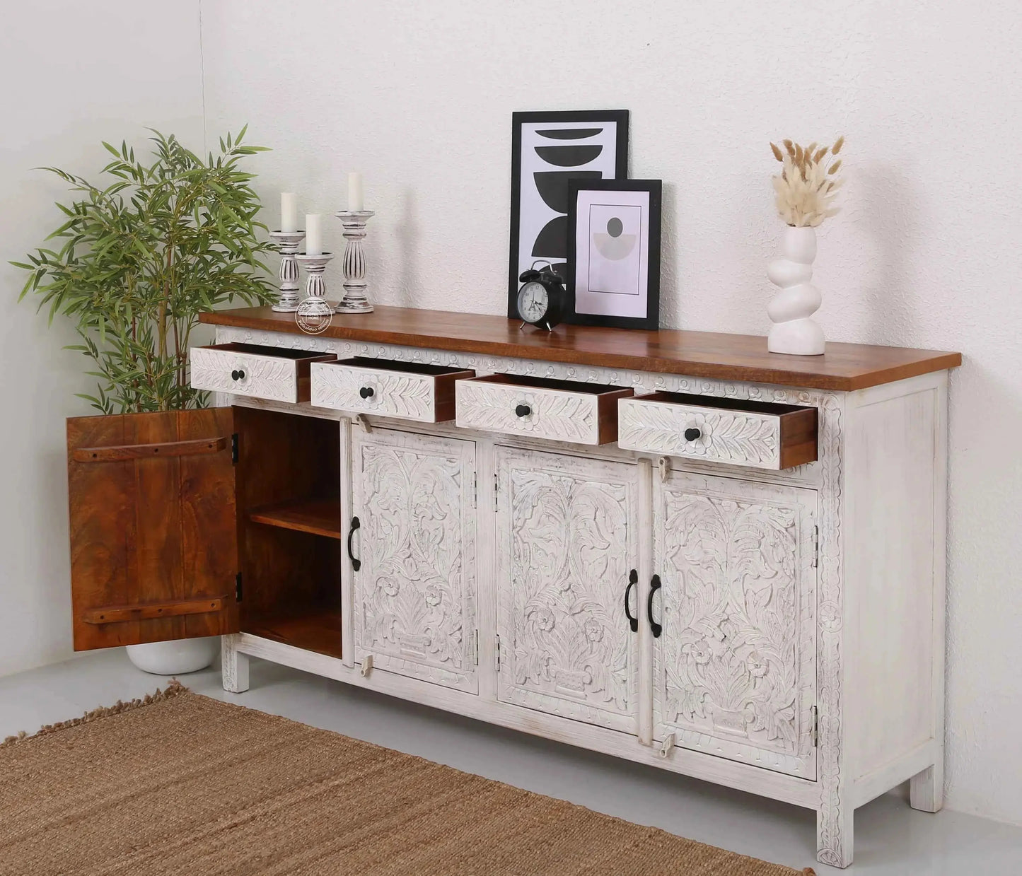 Sparta Wooden 4 Door 4 Drawer Sideboard – Solid Mango Wood, Multiple Color Options | Opelhome UAE