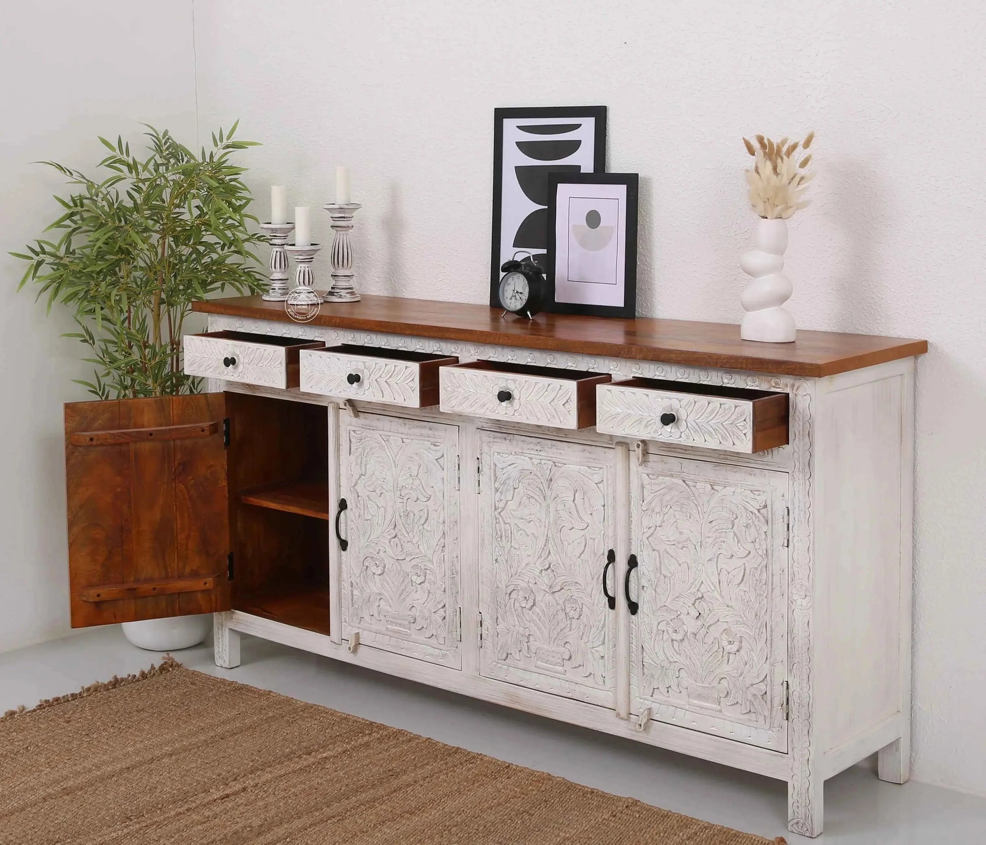 Sparta Wooden 4 Door 4 Drawer Sideboard – Solid Mango Wood, Multiple Color Options | Opelhome UAE