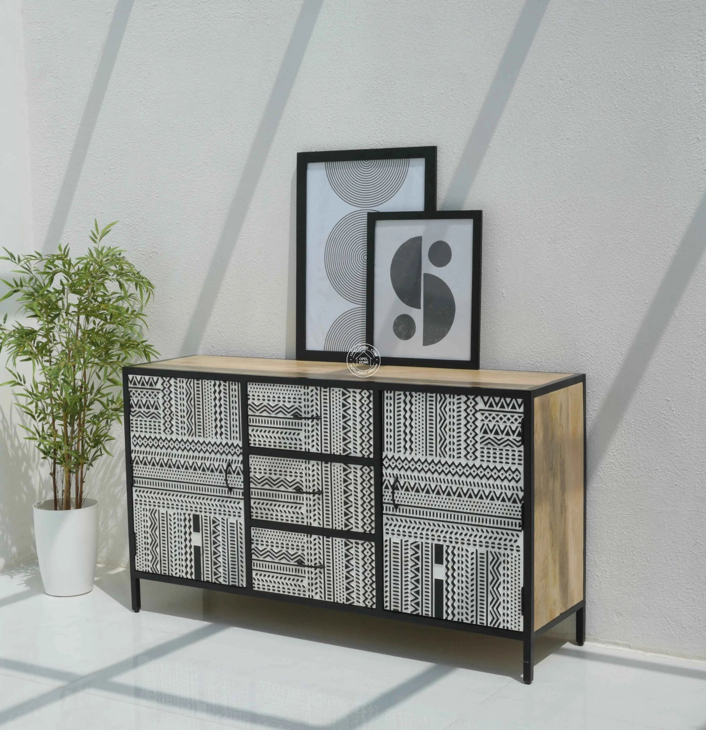 Sterra 3 Drawers & 2 Doors Sideboard – Mango Wood & Metal Frame, Natural Finish | Opelhome UAE